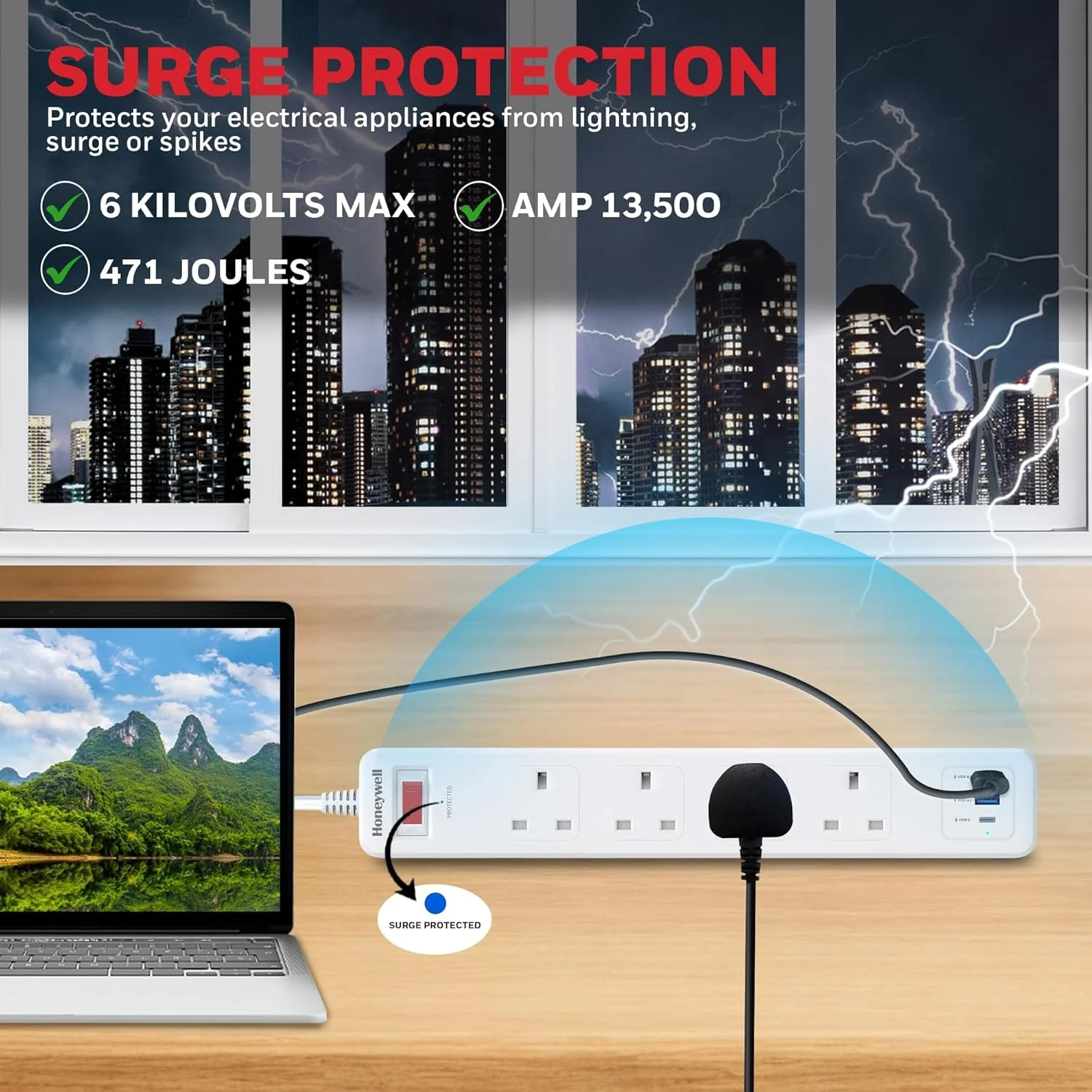 محافظ برق 4 خروجی هانیول با کلید اصلی، محافظ ولتاژ/برد توسعه، 4 پریز، PD20W و 2xUSB، 471 ژول، سیم 1.8 متری، DSW، محافظت خودکار در برابر اضافه بار، 3 سال محافظ برق 4 خروجی هانیول با کلید اصلی، محافظ ولتاژ/برد توسعه، 4 پریز، PD20W و 2xUSB، 471 ژول، سیم 1.8 متری، DSW، محافظت خودکار در برابر اضافه بار، 3 سال