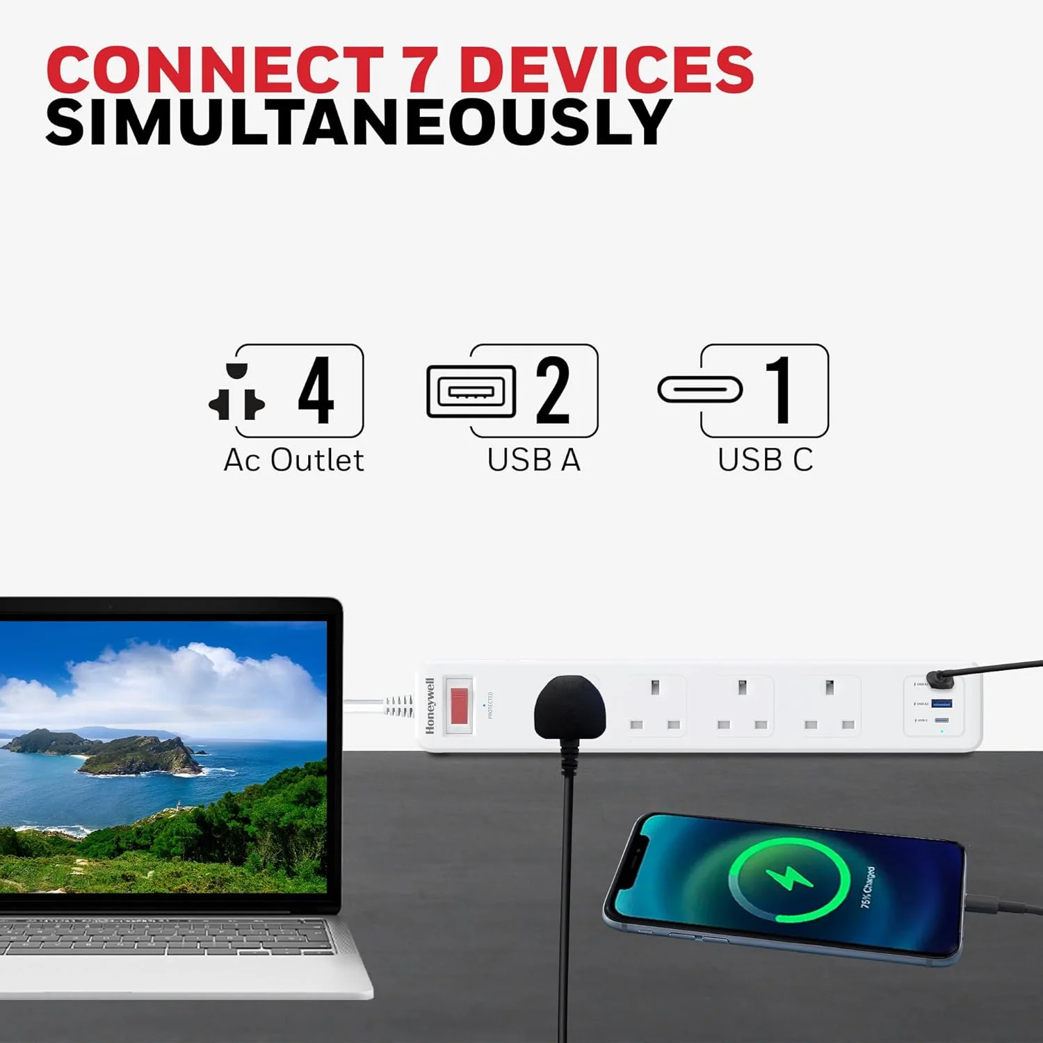 محافظ برق 4 خروجی هانیول با کلید اصلی، محافظ ولتاژ/برد توسعه، 4 پریز، PD20W و 2xUSB، 471 ژول، سیم 1.8 متری، DSW، محافظت خودکار در برابر اضافه بار، 3 سال محافظ برق 4 خروجی هانیول با کلید اصلی، محافظ ولتاژ/برد توسعه، 4 پریز، PD20W و 2xUSB، 471 ژول، سیم 1.8 متری، DSW، محافظت خودکار در برابر اضافه بار، 3 سال