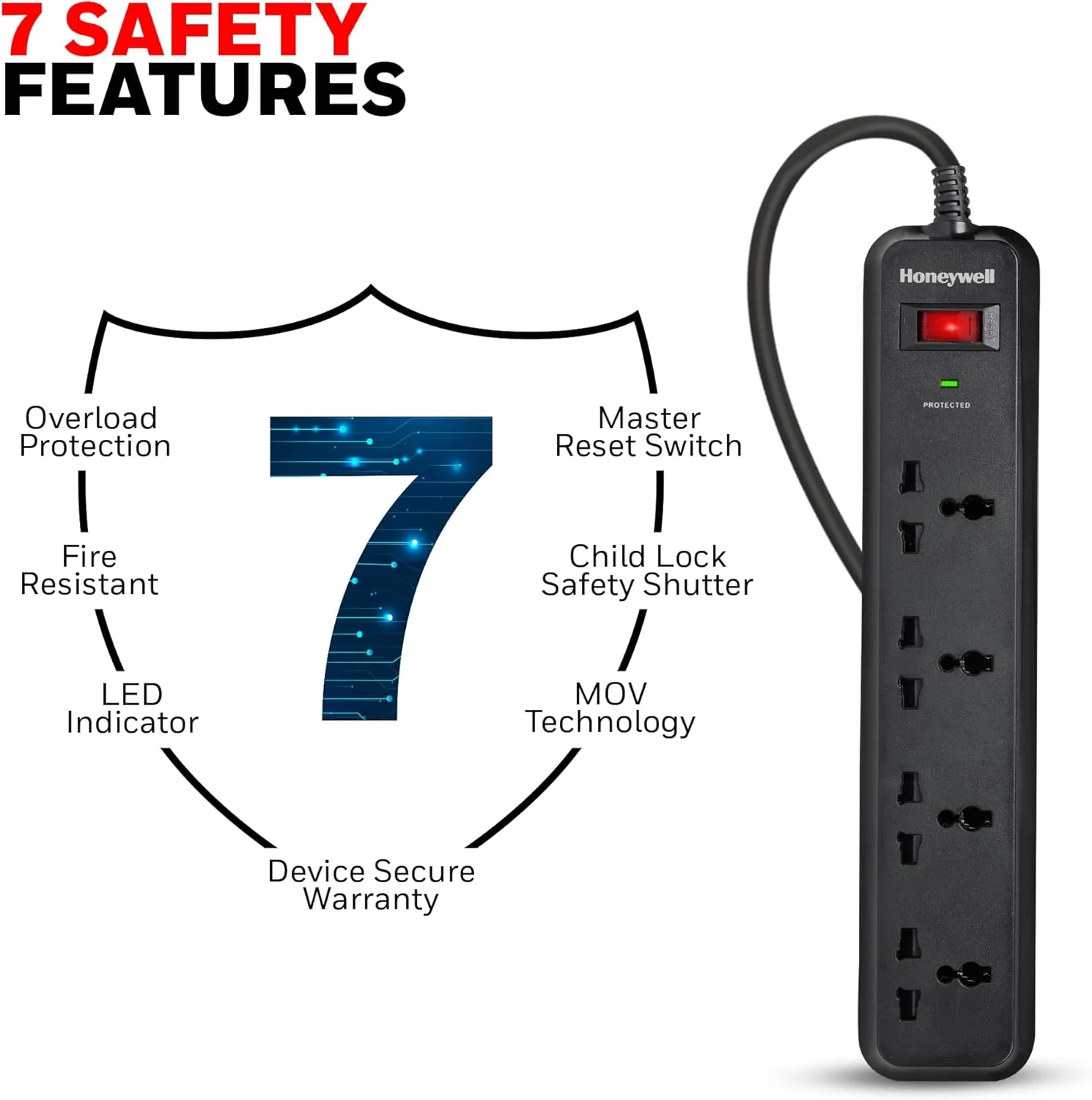 محافظ برق هانیول، 4 پریز جهانی، کابل 2 متری، 15000 آمپر، محافظت خودکار در برابر اضافه بار، محافظ ولتاژ/چندراهی برق، کلید اصلی، 3 سال  محافظ برق هانیول، 4 پریز جهانی، کابل 2 متری، 15000 آمپر، محافظت خودکار در برابر اضافه بار، محافظ ولتاژ/چندراهی برق، کلید اصلی، 3 سال