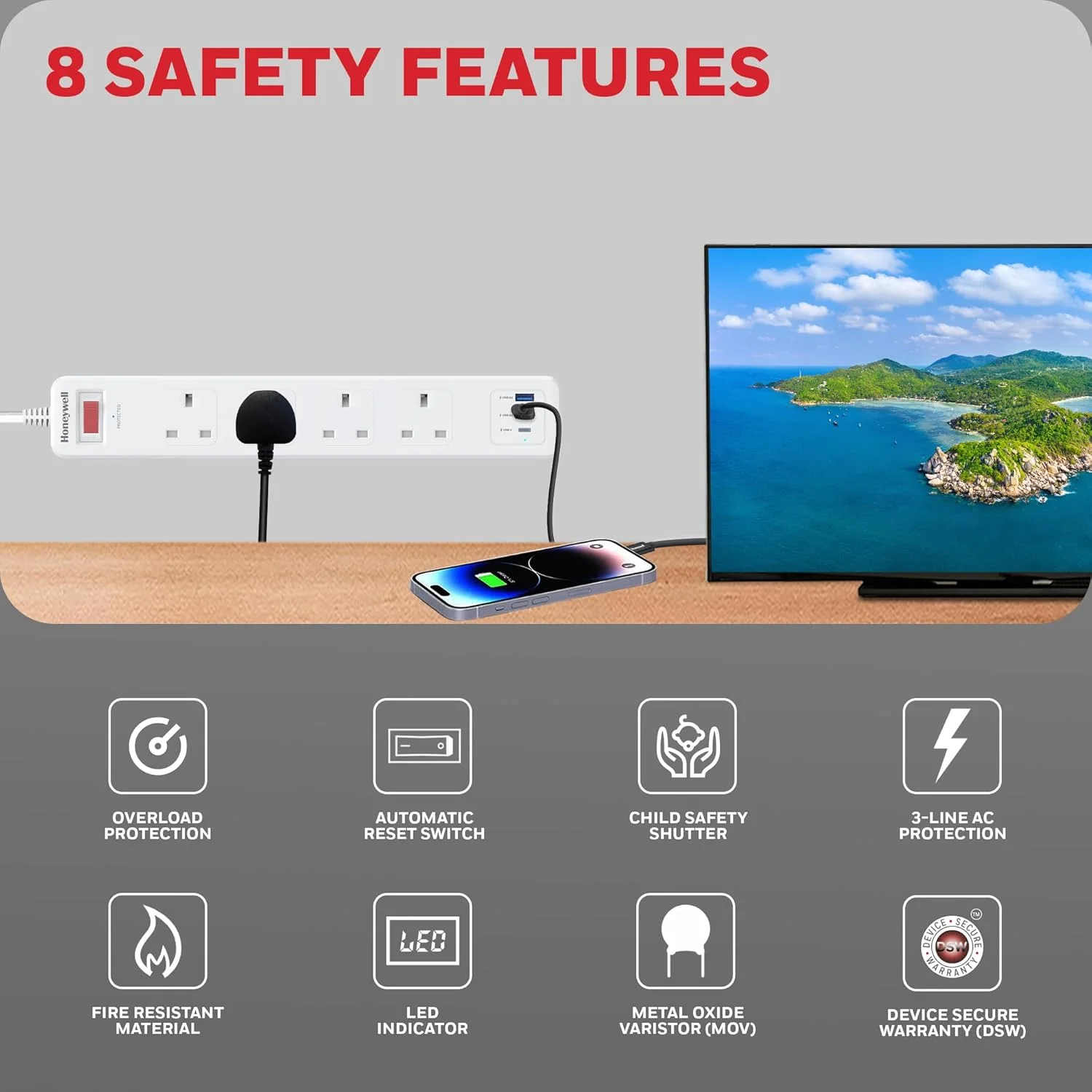 محافظ برق 4 خروجی هانیول با کلید اصلی، محافظ ولتاژ/برد توسعه، 4 پریز، PD20W و 2xUSB، 471 ژول، سیم 1.8 متری، DSW، محافظت خودکار در برابر اضافه بار، 3 سال محافظ برق 4 خروجی هانیول با کلید اصلی، محافظ ولتاژ/برد توسعه، 4 پریز، PD20W و 2xUSB، 471 ژول، سیم 1.8 متری، DSW، محافظت خودکار در برابر اضافه بار، 3 سال