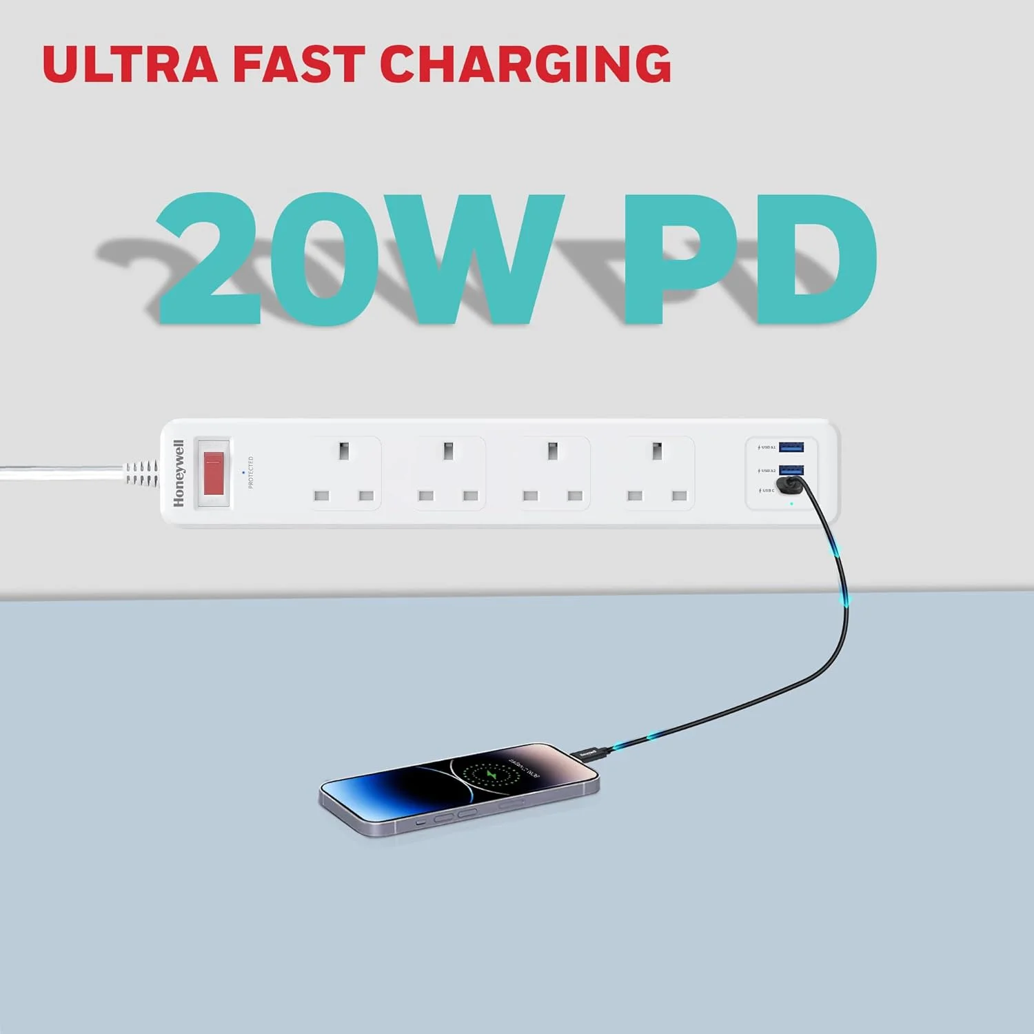 محافظ برق 4 خروجی هانیول با کلید اصلی، محافظ ولتاژ/برد توسعه، 4 پریز، PD20W و 2xUSB، 471 ژول، سیم 1.8 متری، DSW، محافظت خودکار در برابر اضافه بار، 3 سال محافظ برق 4 خروجی هانیول با کلید اصلی، محافظ ولتاژ/برد توسعه، 4 پریز، PD20W و 2xUSB، 471 ژول، سیم 1.8 متری، DSW، محافظت خودکار در برابر اضافه بار، 3 سال