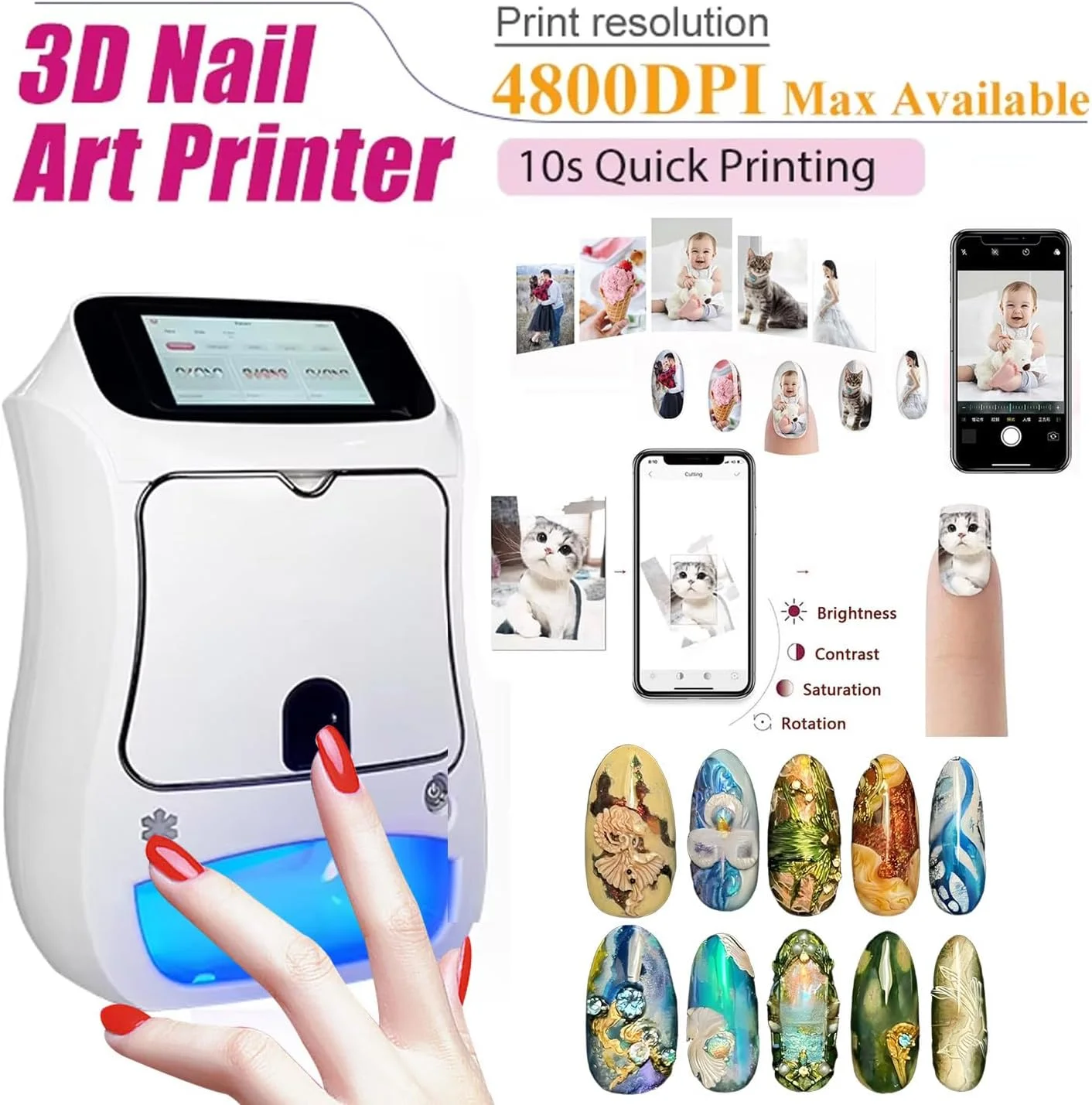 دستگاه چاپ ناخن حرفه ای، دستگاه چاپ هنر ناخن سه بعدی برقی با صفحه لمسی 5 اینچی/خشک کن UV، کنترل برنامه، وضوح بالا 4800DPI، طراحی دیجیتال ناخن برای خانه و سالن