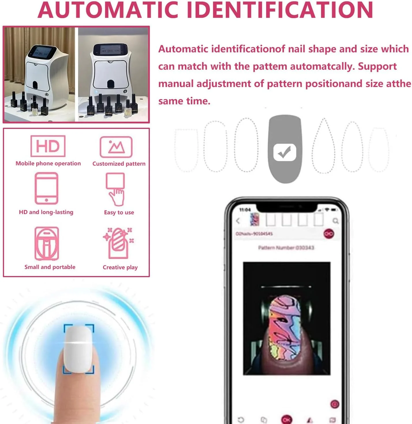 دستگاه چاپ ناخن حرفه ای، دستگاه چاپ هنر ناخن سه بعدی برقی با صفحه لمسی 5 اینچی/خشک کن UV، کنترل برنامه، وضوح بالا 4800DPI، طراحی دیجیتال ناخن برای خانه و سالن