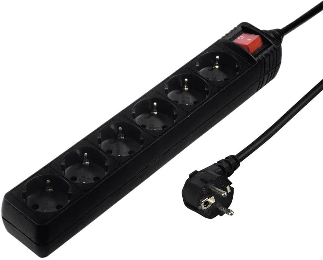 محافظ برق 6 خانه هاما با کلید و محافظ افزایش ولتاژ، چراغ نشانگر LED (سیم 3 متری، 6 پریز نوع F Schuko، حداکثر 3680 وات) مشکی