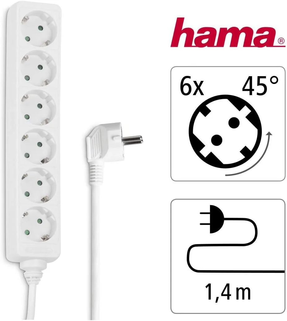 هاما Brennenstuhl محافظ برق 6 خانه، بدون کلید، سفید - کابل 1.4 متری، با پریزهای چرخیده 45 درجه