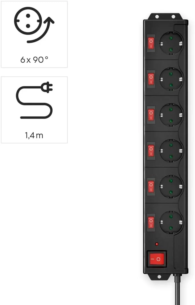 محافظ برق هاما با قابلیت قطع و وصل مجزا، دارای محافظت در برابر نوسانات برق (6 راهی، قابلیت نصب دیواری، چرخش 90 درجه، فاصله بسیار زیاد بین پریزها، طول کابل 1.4 متر) مشکی