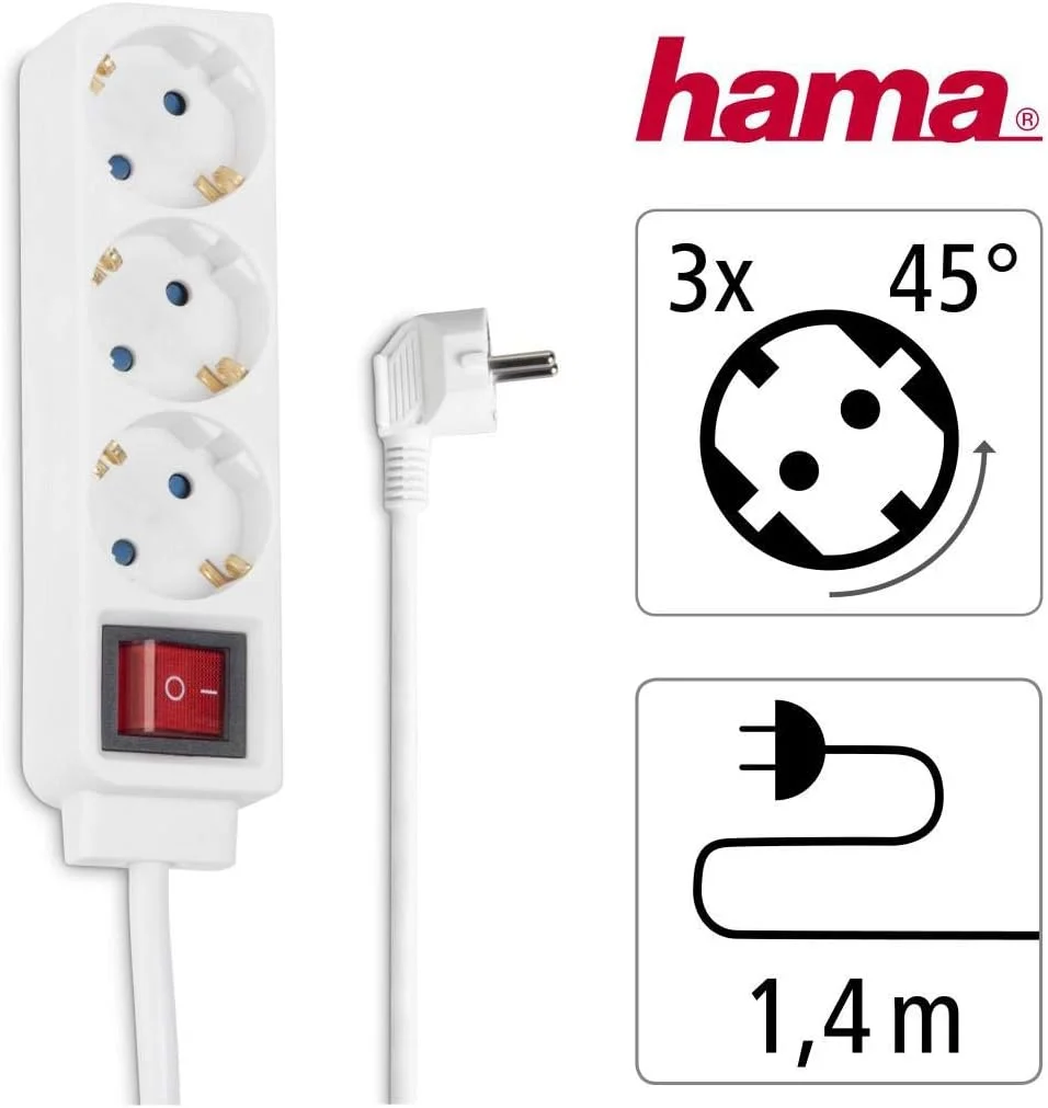 سه راهی برق هاما (چند راهی با کابل 1.4 متری، دارای کلید راکر، محافظت در برابر لمس، شیارها با چرخش 45 درجه، تست شده GS، حداکثر 3500 وات) سفید