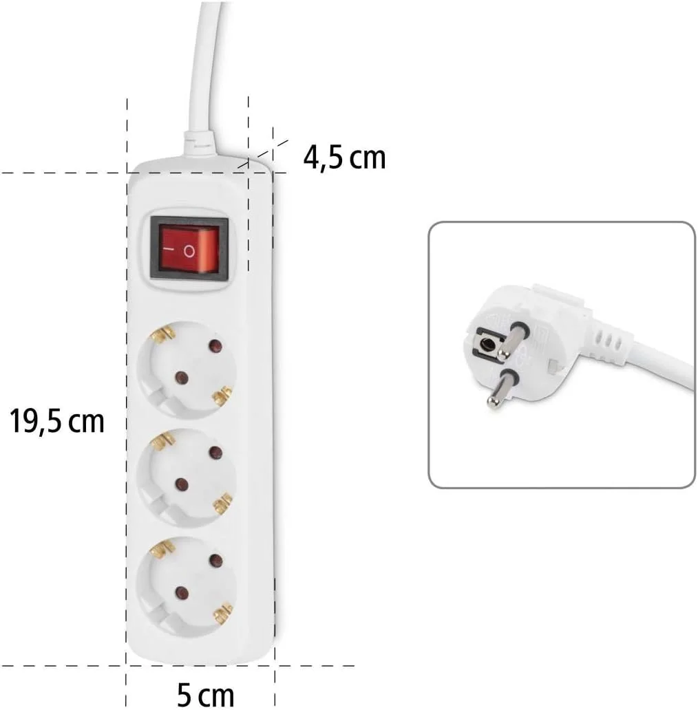 هاما محافظ برق سه راهی (چندراهی برق با کلید روشن و خاموش، محافظ برق با طول کابل 3 متری، چند شاخه برای منزل و اداره) سفید