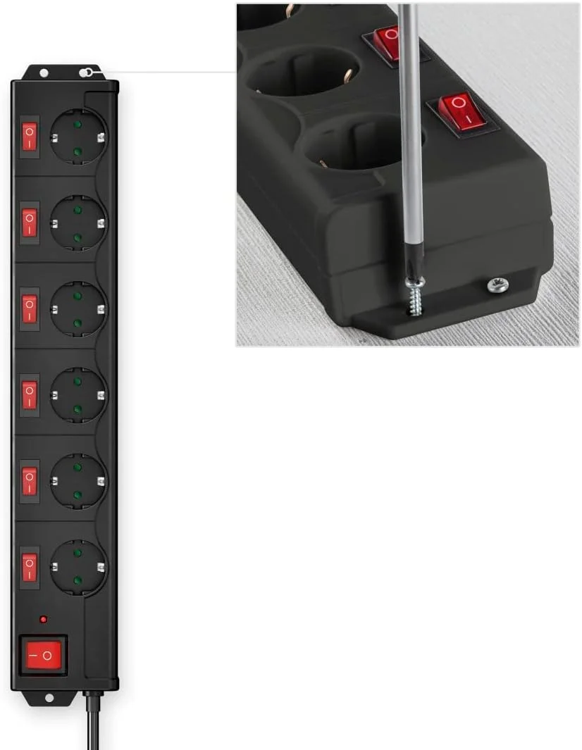 محافظ برق هاما با قابلیت قطع و وصل مجزا، دارای محافظت در برابر نوسانات برق (6 راهی، قابلیت نصب دیواری، چرخش 90 درجه، فاصله بسیار زیاد بین پریزها، طول کابل 1.4 متر) مشکی