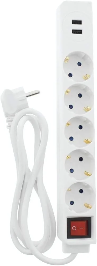 محافظ برق 5 خانه هاما با USB (2 پورت USB با 3400 میلی آمپر، کابل 1.4 متری، محافظ لمسی، کلید خاموش و روشن بدون چراغ، پریزها با زاویه 45 درجه، حداکثر توان 3680 وات) سفید