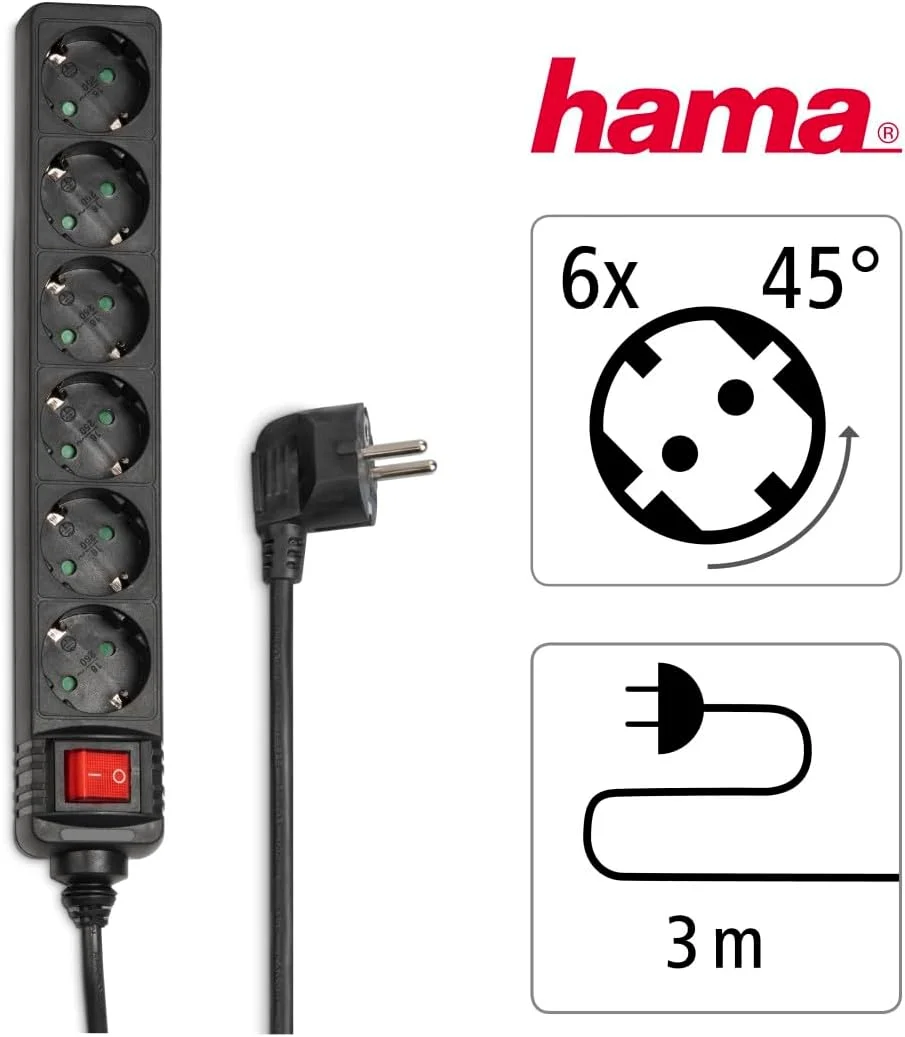 هاما محافظ برق 6 خانه (چندراهی برق با کابل 3 متری، دارای کلید روشن/خاموش، محافظت در برابر لمس، پریزهای چرخیده 45 درجه، حداکثر توان 3500 وات) مشکی