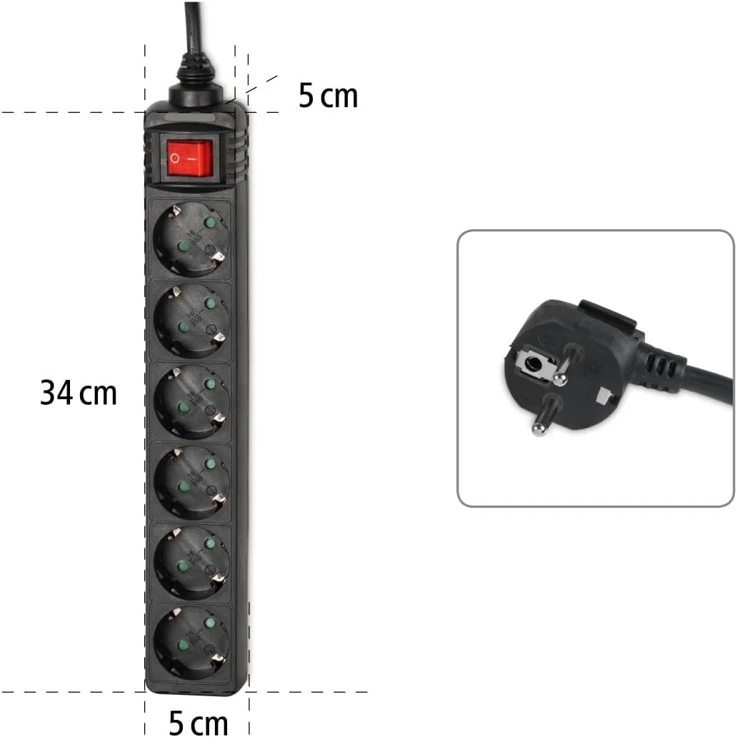 هاما محافظ برق 6 خانه (چندراهی برق با کابل 3 متری، دارای کلید روشن/خاموش، محافظت در برابر لمس، پریزهای چرخیده 45 درجه، حداکثر توان 3500 وات) مشکی