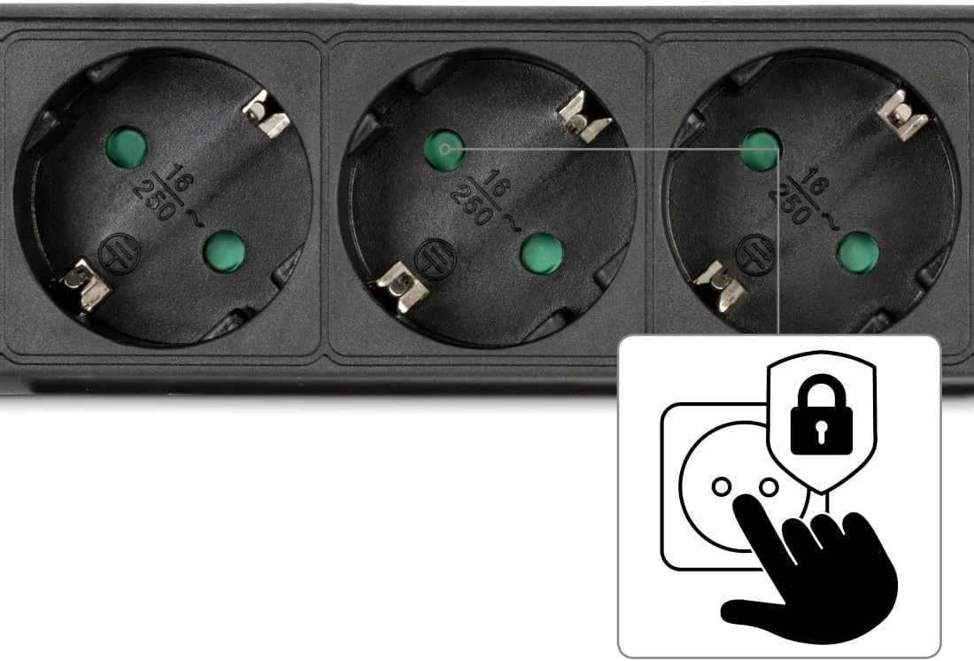 هاما محافظ برق 6 خانه (چندراهی برق با کابل 3 متری، دارای کلید روشن/خاموش، محافظت در برابر لمس، پریزهای چرخیده 45 درجه، حداکثر توان 3500 وات) مشکی