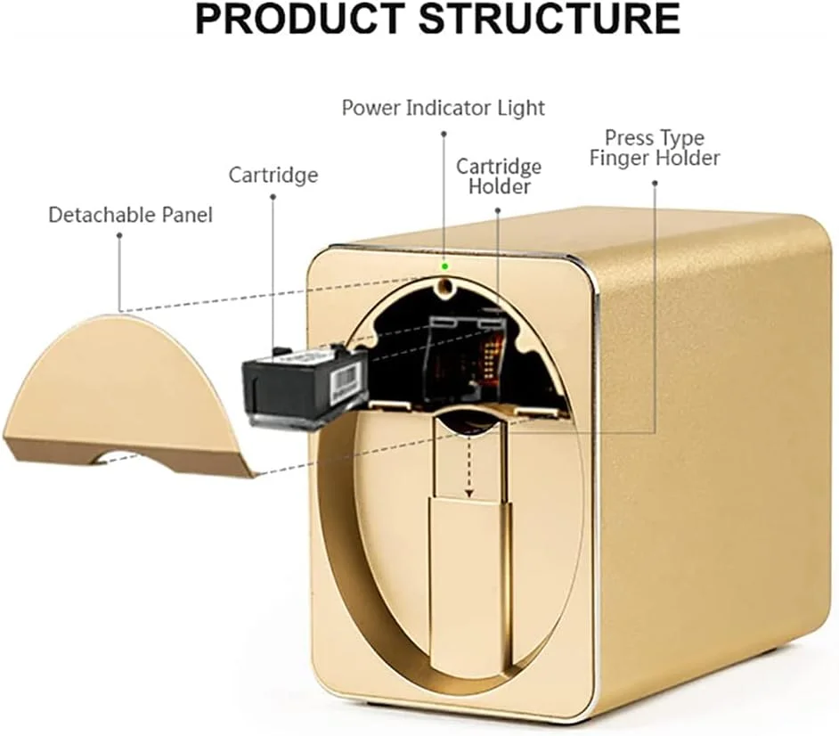 چاپگر ناخن سه بعدی حرفه ای، چاپگر مینی برای ناخن، دستگاه چاپ هنر ناخن قابل حمل موبایل برای خانه یا سالن ناخن، طرح های گسترده موجود برای دانلود، طلایی
