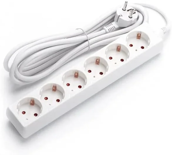 سه راهی برق 6 خانه 3M با کابل 3 متری 1.5mm² سفید، ایده آل برای لوازم برقی متعدد در خانه یا محل کار