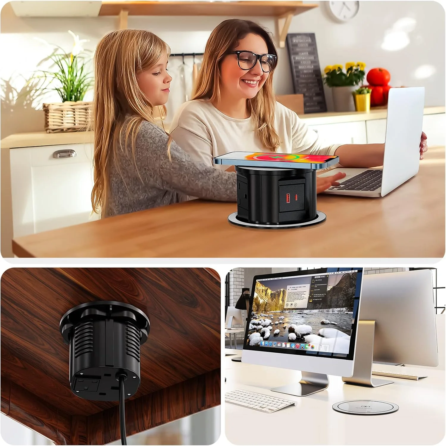 پریز توکار اتوماتیک برای میز کار آشپزخانه، پریز برق با شارژر بیسیم USB C 15W، محافظ برق مخفی جمعشونده برای دفتر و خانه، 4 پریز UK، USB C + USB A، 13A/3250W پریز توکار اتوماتیک برای میز کار آشپزخانه، پریز برق با شارژر بیسیم USB C 15W، محافظ برق مخفی جمعشونده برای دفتر و خانه، 4 پریز UK، USB C + USB A، 13A/3250W