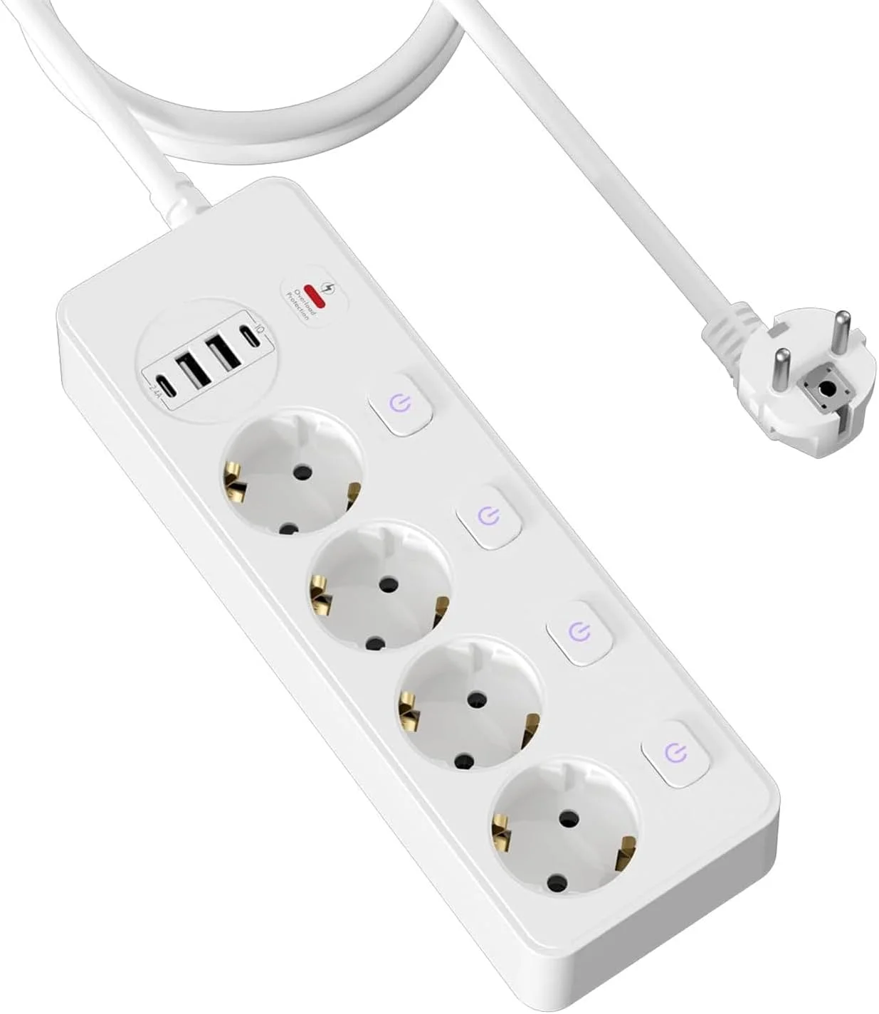 چهارراهی برق با 2 پورت USB A و 2 پورت شارژ سریع Type-C، چندراهی برق با کلید مجزا، چندراهی توزیع برق برای آشپزخانه، میز، خانه، دفتر، سفید