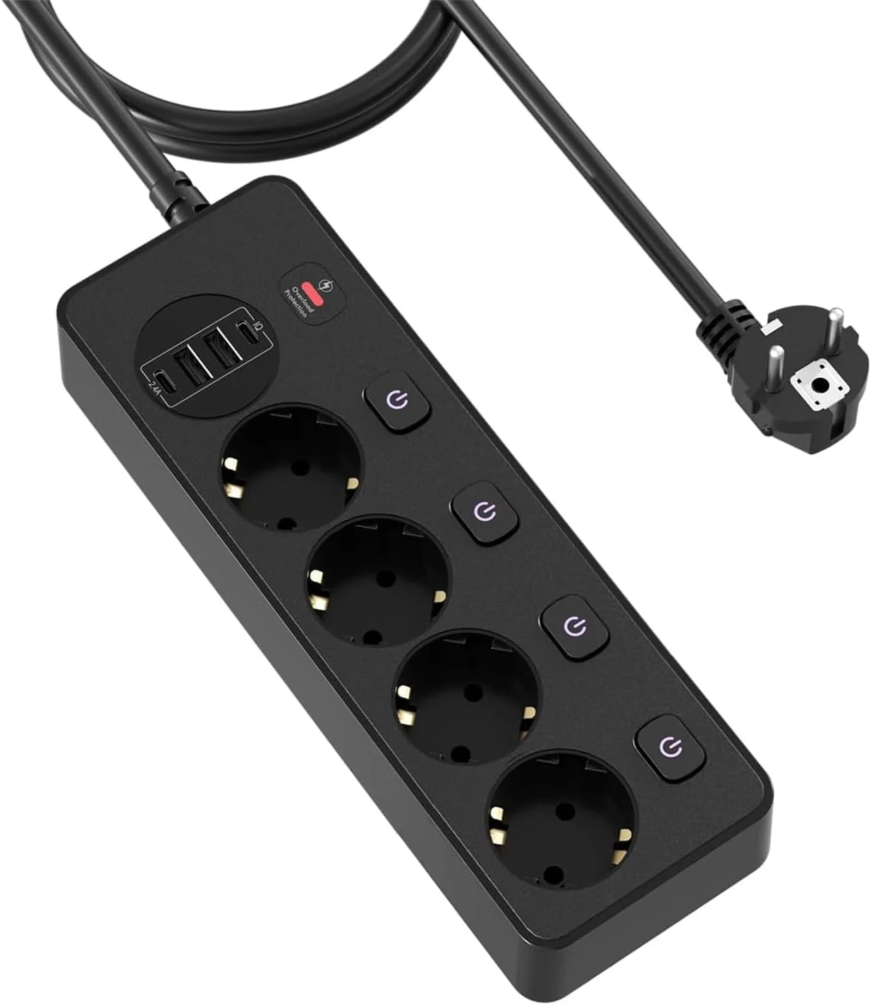 چهارراهی برق با ۲ پورت USB A و ۲ پورت شارژ سریع Type-C، چندراهی برق با کلید مجزا، پریز توزیع برق با محافظ نوسانات برق برای آشپزخانه، میز، خانه، دفتر کار، مشکی