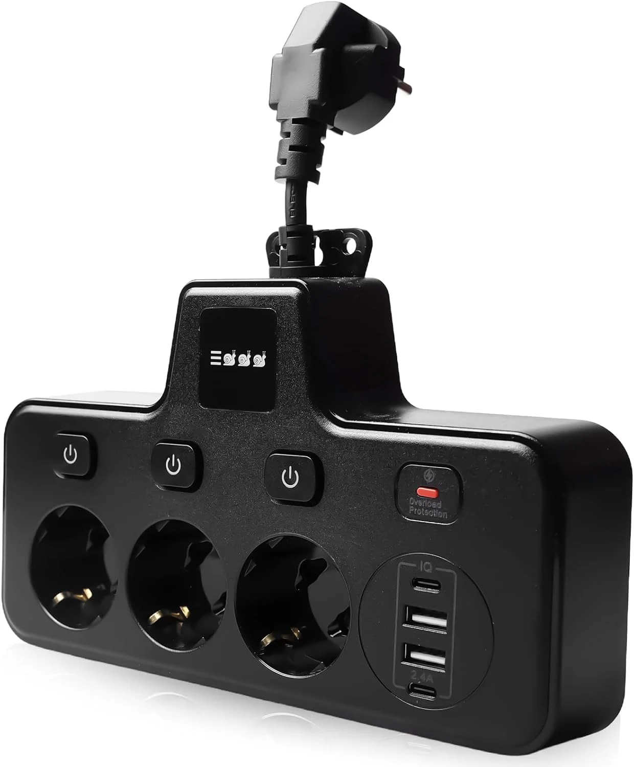 سه راهی برق با 2 پورت USB-C و 2 پورت USB-A با قابلیت شارژ سریع، چند راهی برق با کلیدهای جداگانه و چراغ خواب لمسی با 3 حالت روشنایی، مناسب برای خانه، دفتر، مسافرت، مشکی