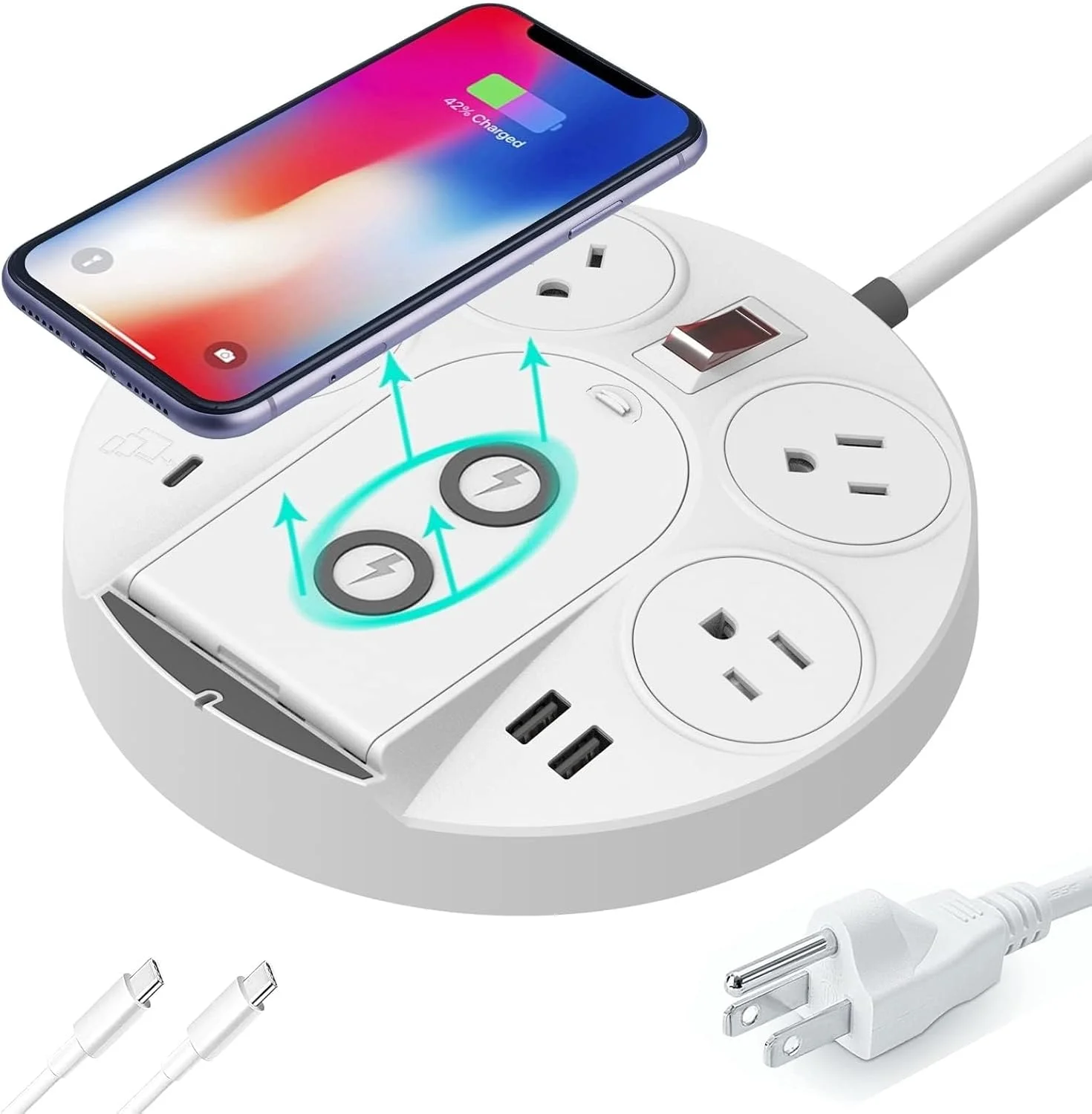 برج ایستگاه شارژ، محافظ برق با پورت USB C با توان 20 وات و شارژر بی سیم 15 وات، دوشاخه 4 پریز AC با محافظت 1050J، 2 پورت USB A و ولتاژ جهانی 100-240 ولت