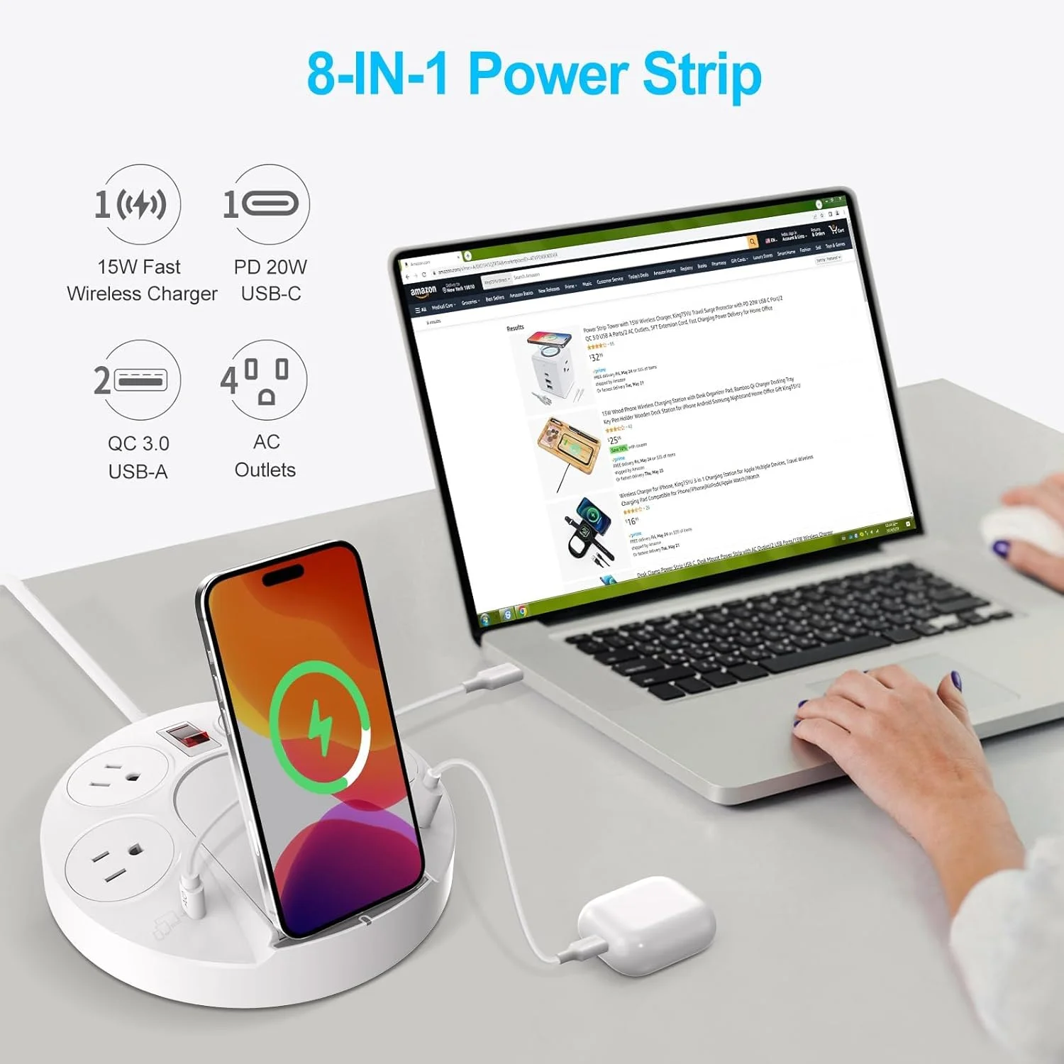 برج ایستگاه شارژ، محافظ برق با پورت USB C با توان 20 وات و شارژر بی سیم 15 وات، دوشاخه 4 پریز AC با محافظت 1050J، 2 پورت USB A و ولتاژ جهانی 100-240 ولت