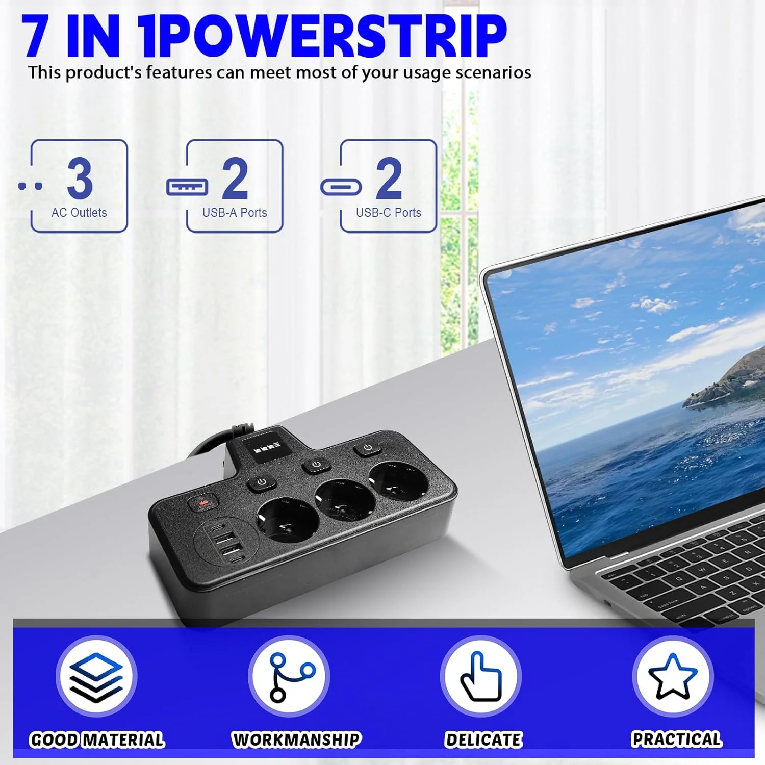 سه راهی برق با 2 پورت USB-C و 2 پورت USB-A با قابلیت شارژ سریع، چند راهی برق با کلیدهای جداگانه و چراغ خواب لمسی با 3 حالت روشنایی، مناسب برای خانه، دفتر، مسافرت، مشکی سه راهی برق با 2 پورت USB-C و 2 پورت USB-A با قابلیت شارژ سریع، چند راهی برق با کلیدهای جداگانه و چراغ خواب لمسی با 3 حالت روشنایی، مناسب برای خانه، دفتر، مسافرت، مشکی