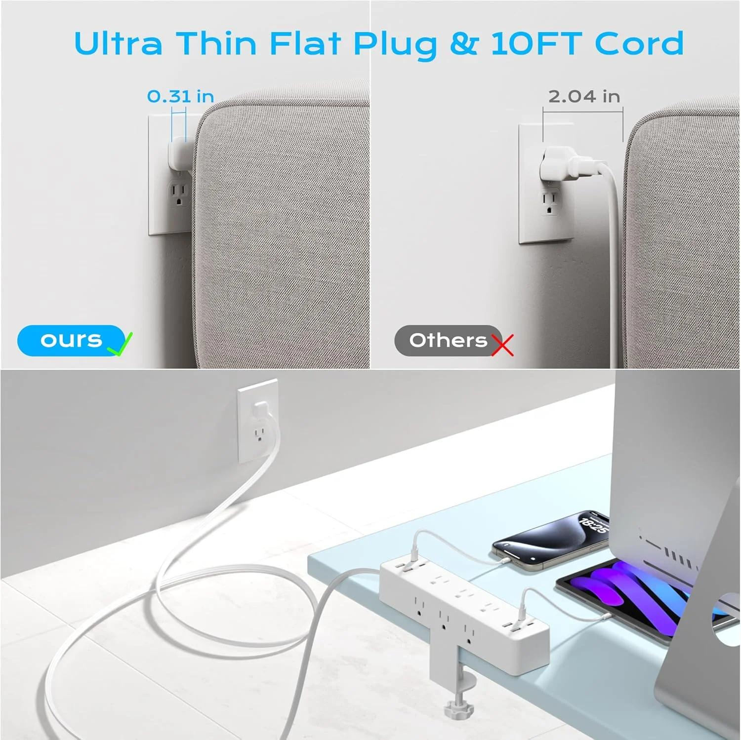 محافظ برق گیره ای رومیزی 17 در 1 با ایستگاه شارژ سریع 40 واتی، ACOZVIN با دوشاخه تخت 3 متری، 9 پریز برق متناوب 8 پورت USB (4 پورت USB C)، پریز رومیزی برای دفتر کار خانگی، مناسب لبه میز 4.3 سانتی متری، سفید