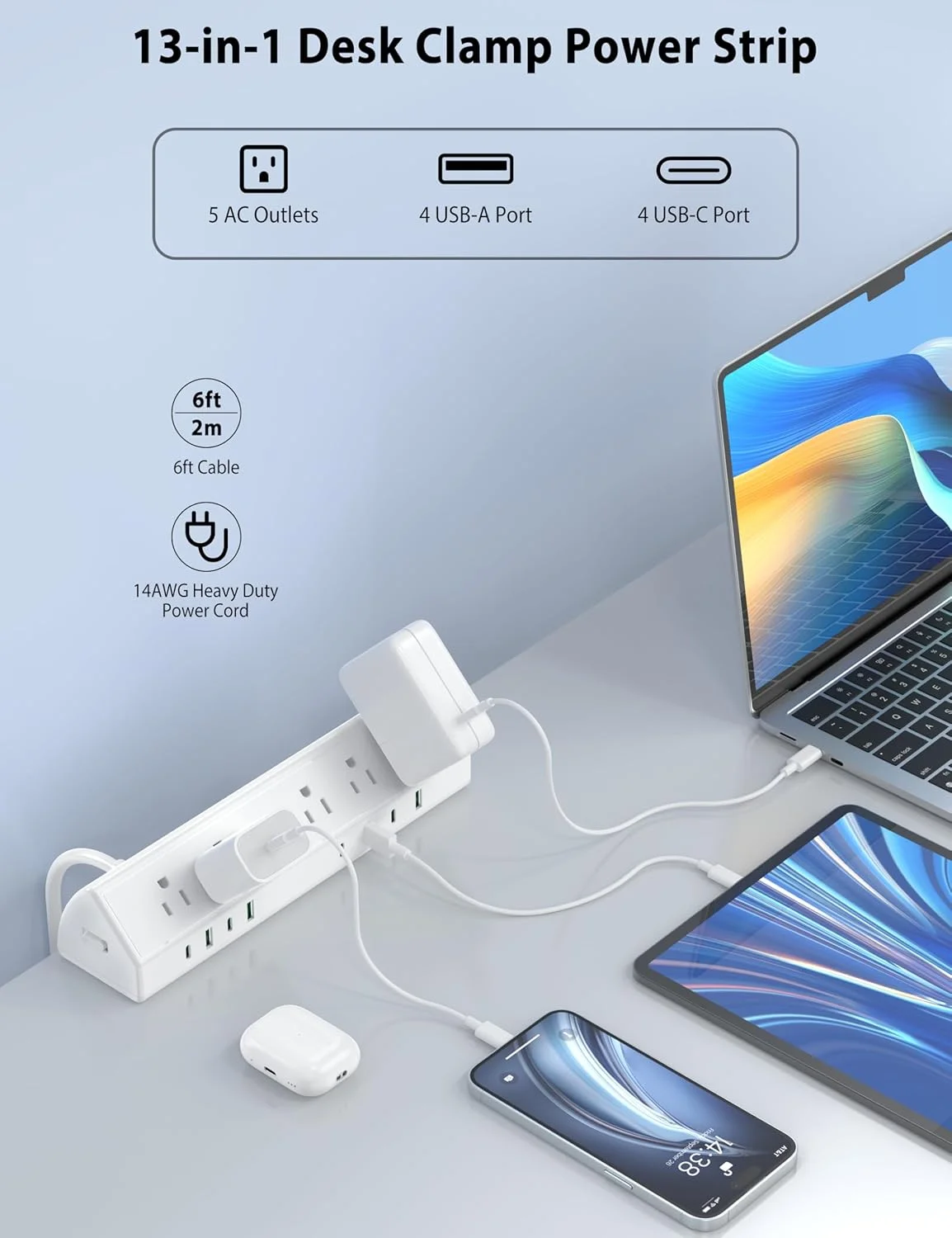 ایستگاه شارژ سریع 45 واتی، محافظ برق با گیره رومیزی، 4 پورت PD USB-C، 5 پریز AC، محافظ برق، سیم سنگین 14