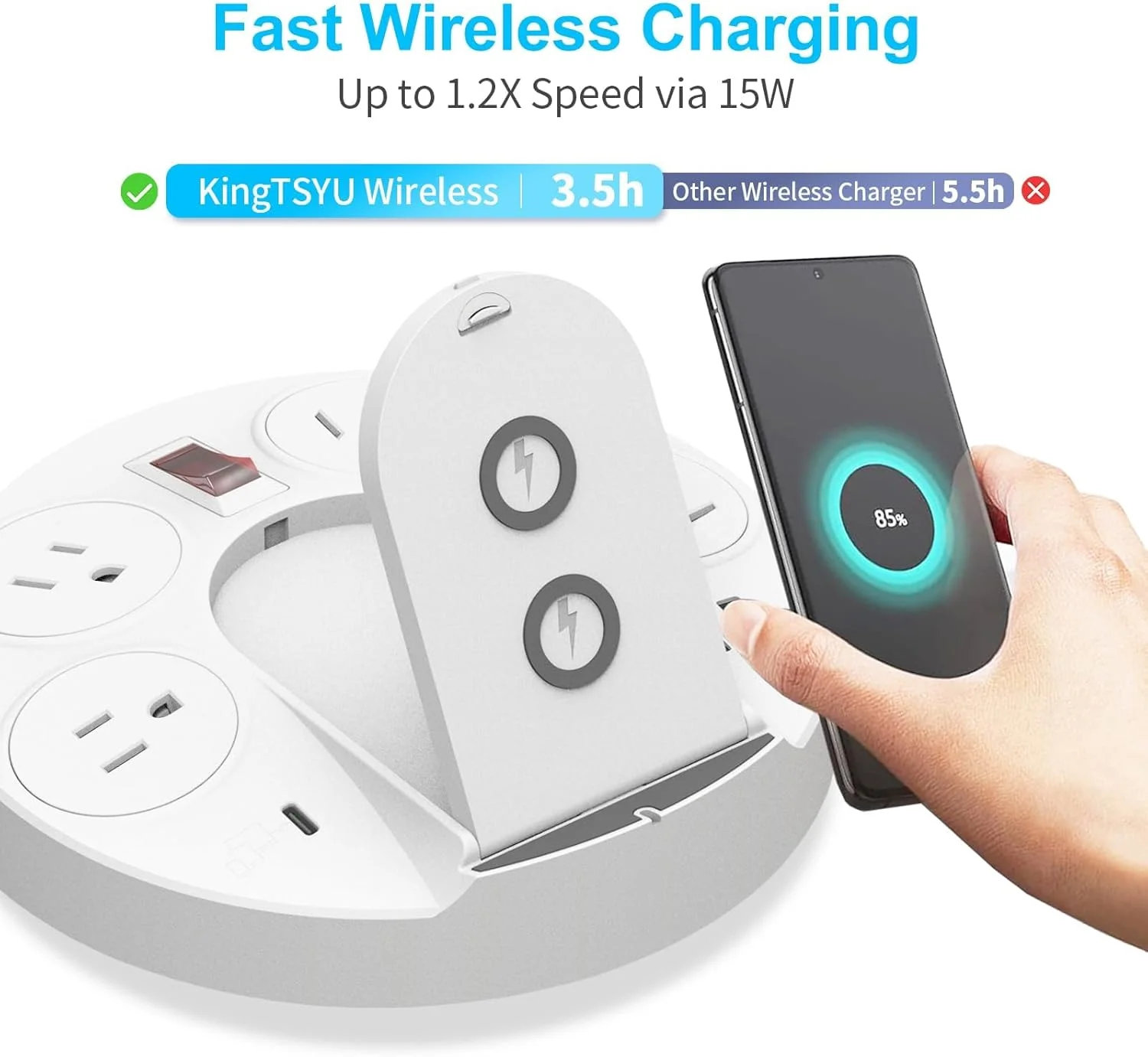 برج ایستگاه شارژ، محافظ برق با پورت USB C با توان 20 وات و شارژر بی سیم 15 وات، دوشاخه 4 پریز AC با محافظت 1050J، 2 پورت USB A و ولتاژ جهانی 100-240 ولت