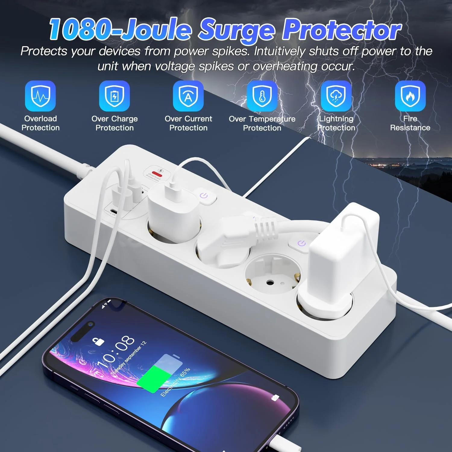 چهارراهی برق با 2 پورت USB A و 2 پورت شارژ سریع Type-C، چندراهی برق با کلید مجزا، چندراهی توزیع برق برای آشپزخانه، میز، خانه، دفتر، سفید چهارراهی برق با 2 پورت USB A و 2 پورت شارژ سریع Type-C، چندراهی برق با کلید مجزا، چندراهی توزیع برق برای آشپزخانه، میز، خانه، دفتر، سفید