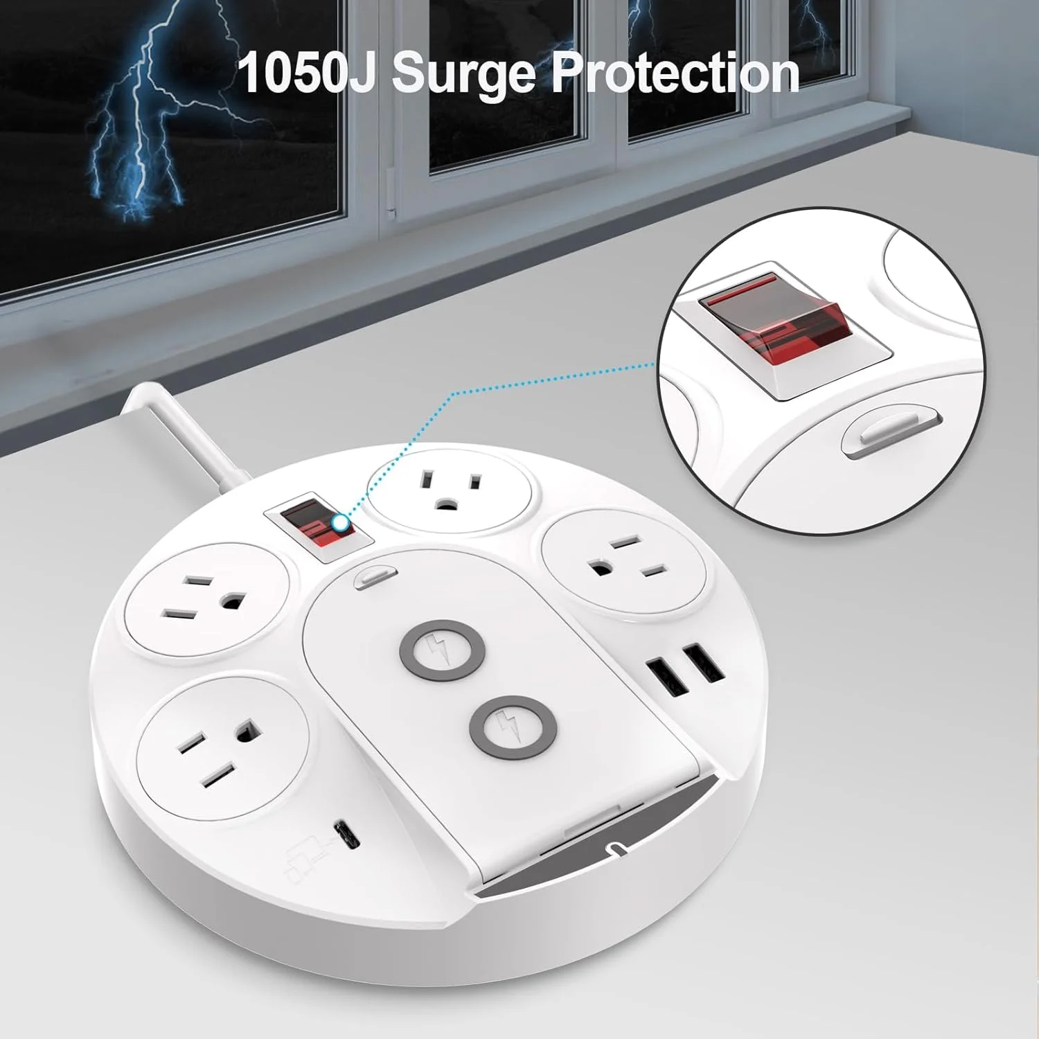 برج ایستگاه شارژ، محافظ برق با پورت USB C با توان 20 وات و شارژر بی سیم 15 وات، دوشاخه 4 پریز AC با محافظت 1050J، 2 پورت USB A و ولتاژ جهانی 100-240 ولت