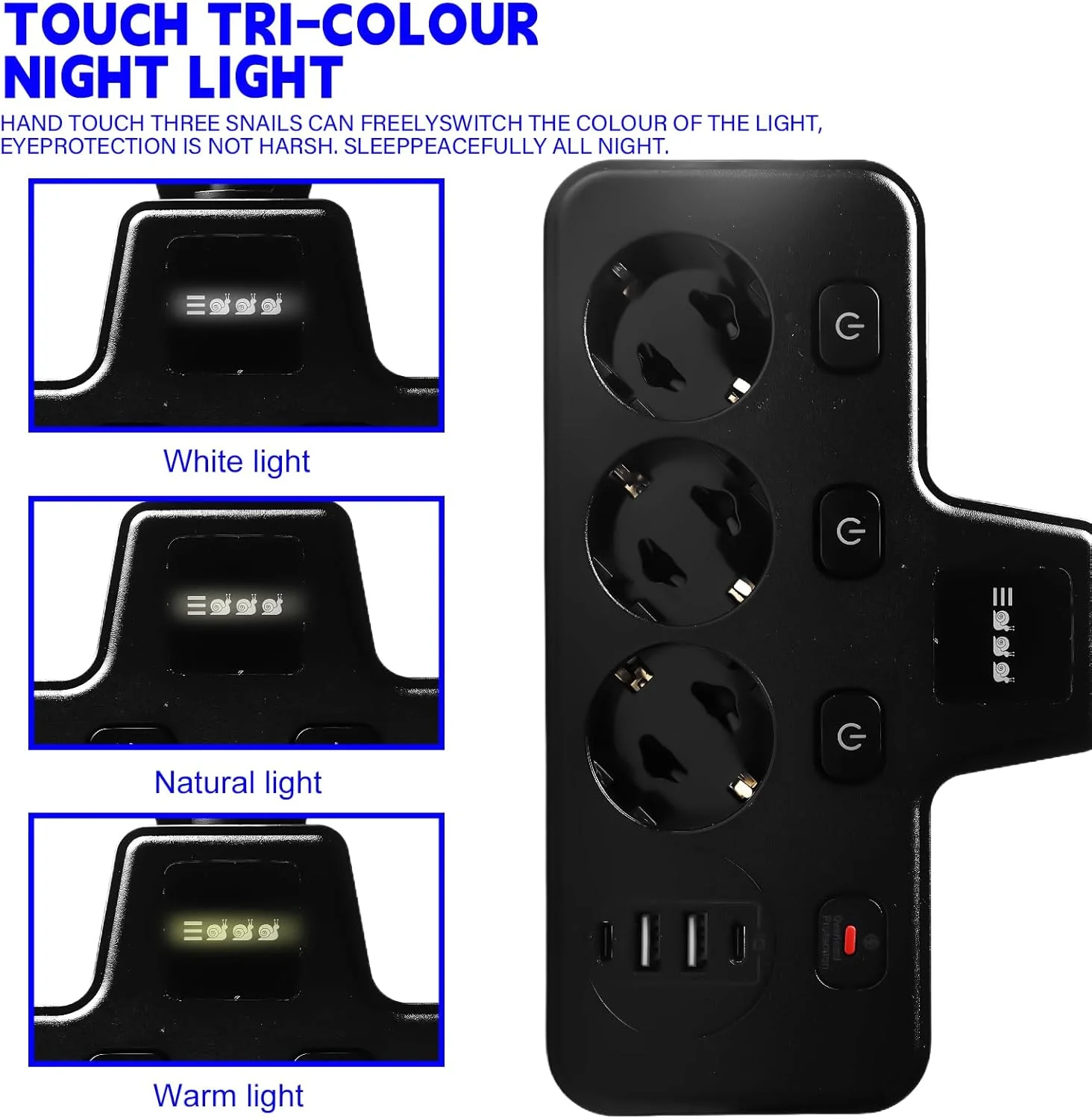 سه راهی برق با 2 پورت USB-C و 2 پورت USB-A با قابلیت شارژ سریع، چند راهی برق با کلیدهای جداگانه و چراغ خواب لمسی با 3 حالت روشنایی، مناسب برای خانه، دفتر، مسافرت، مشکی سه راهی برق با 2 پورت USB-C و 2 پورت USB-A با قابلیت شارژ سریع، چند راهی برق با کلیدهای جداگانه و چراغ خواب لمسی با 3 حالت روشنایی، مناسب برای خانه، دفتر، مسافرت، مشکی