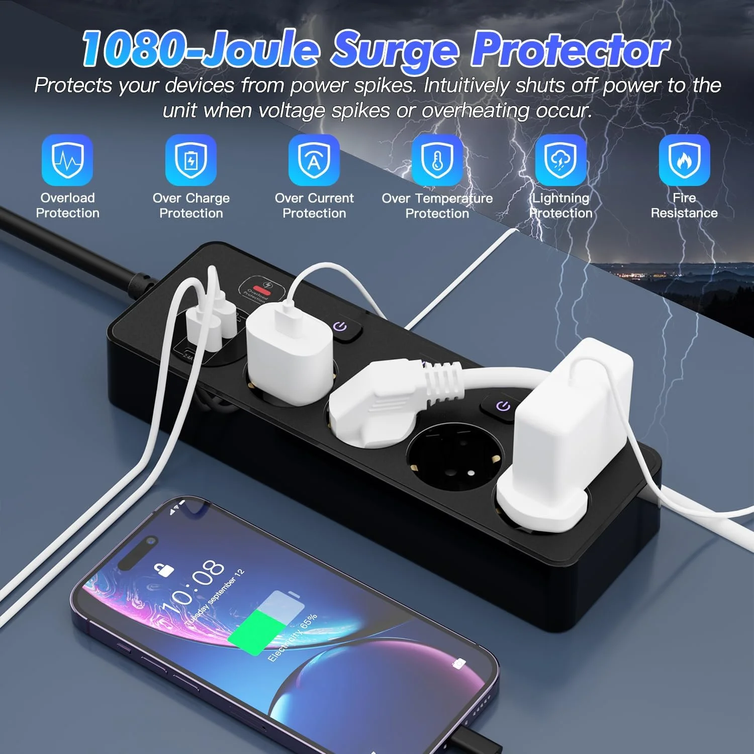 چهارراهی برق با ۲ پورت USB A و ۲ پورت شارژ سریع Type-C، چندراهی برق با کلید مجزا، پریز توزیع برق با محافظ نوسانات برق برای آشپزخانه، میز، خانه، دفتر کار، مشکی چهارراهی برق با ۲ پورت USB A و ۲ پورت شارژ سریع Type-C، چندراهی برق با کلید مجزا، پریز توزیع برق با محافظ نوسانات برق برای آشپزخانه، میز، خانه، دفتر کار، مشکی