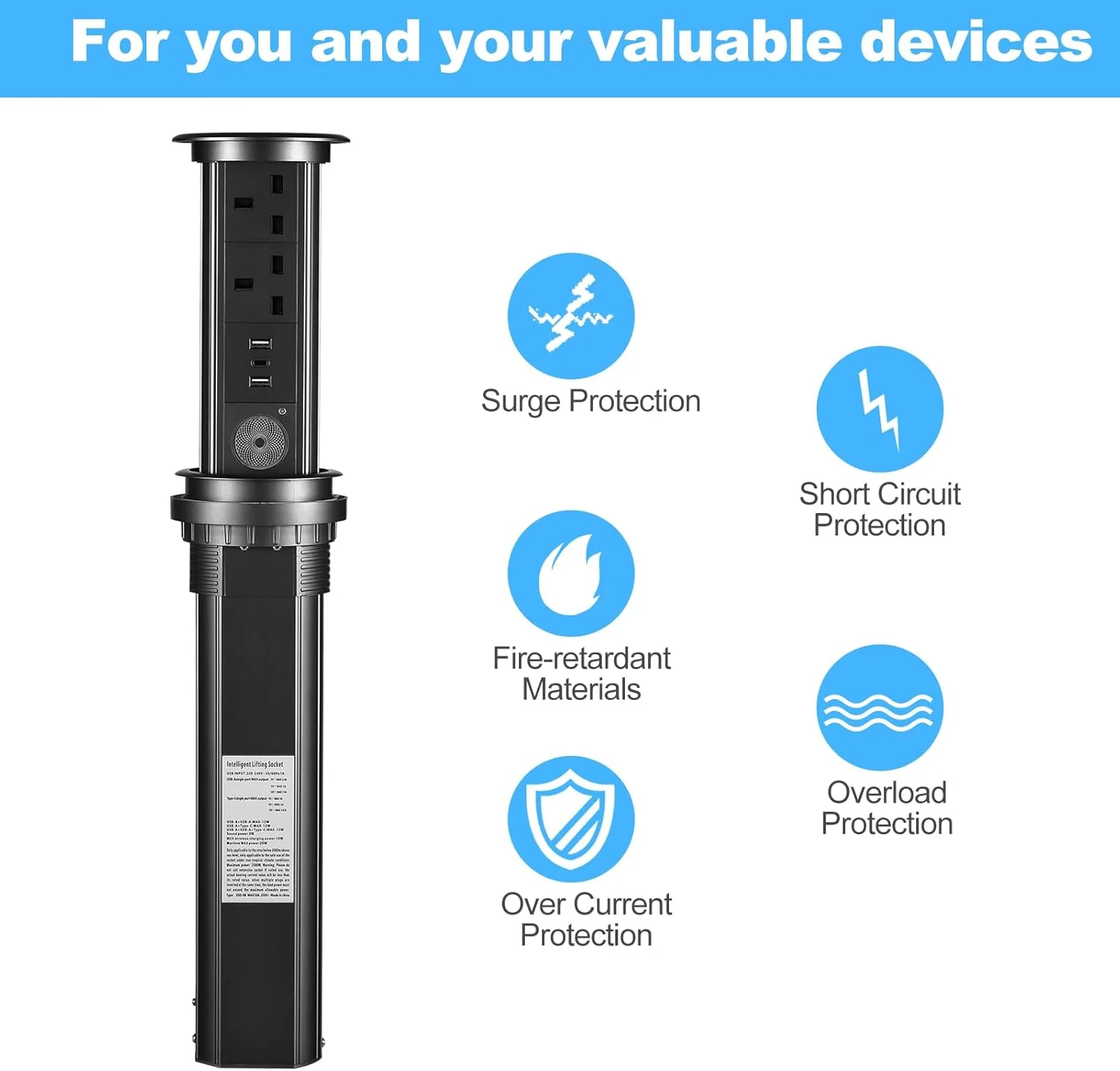 پریز برق توکار هوشمند موتورایز Domary با محافظ برق و ایستگاه شارژ USB برای میز آشپزخانه و اتاق کنفرانس