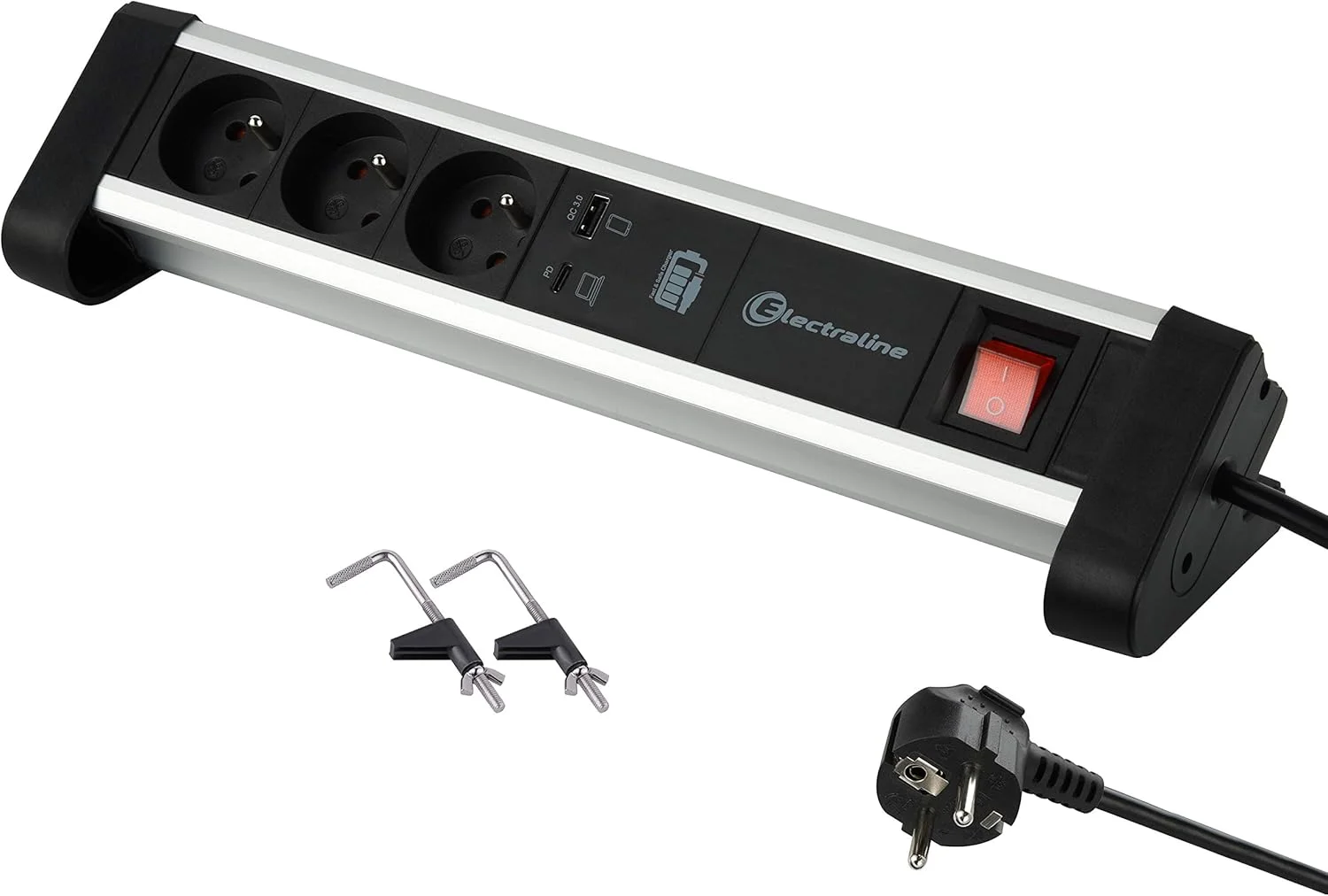 سه راهی برق Electraline 35442 با 2 پورت 60 واتی (1 عدد Type C (Power Delivery) برای شارژ کامپیوترها + 1 عدد USB 3.0 A (QuickCharge) با پایه های رومیزی - مشکی