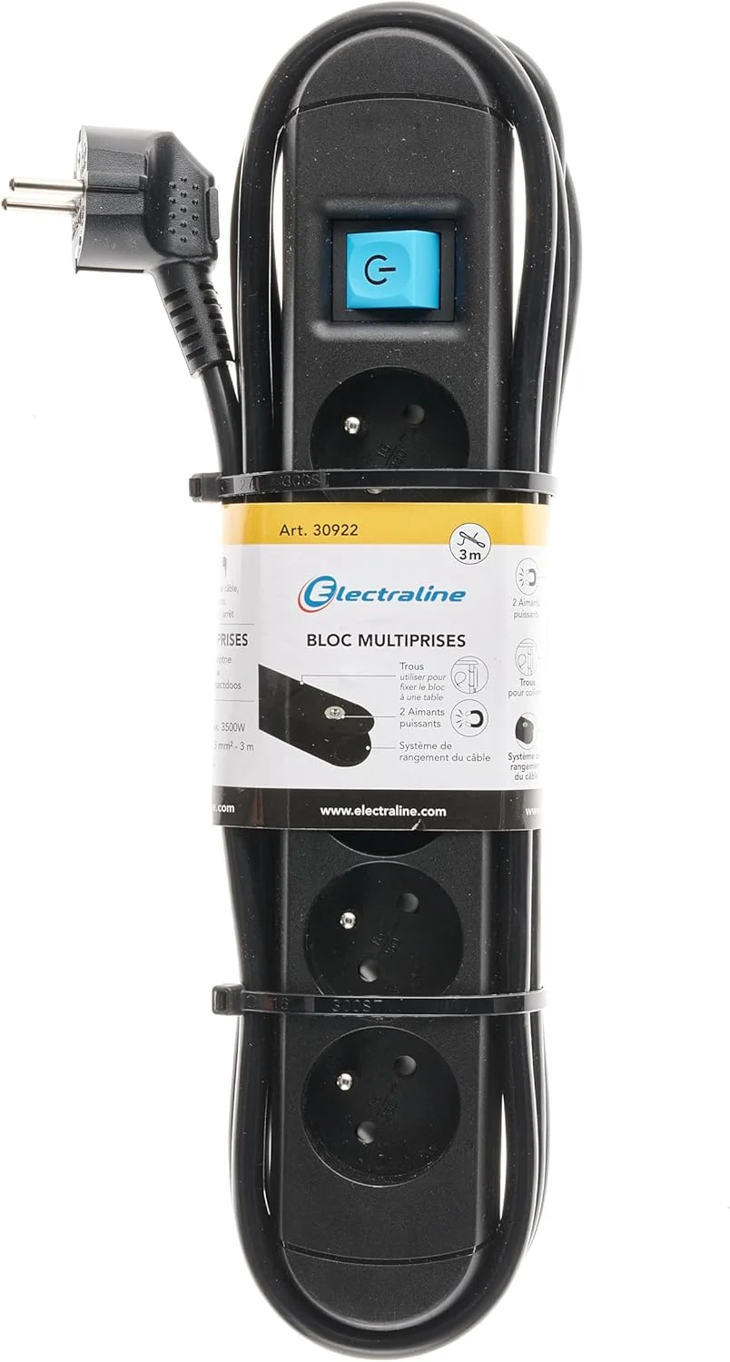 Electraline 30922 H05VV-F 3G 1.5 mm² محافظ برق حرفه ای با 2 آهنربا برای نصب، 5 پریز 16 آمپر، کابل 3 متری مشکی