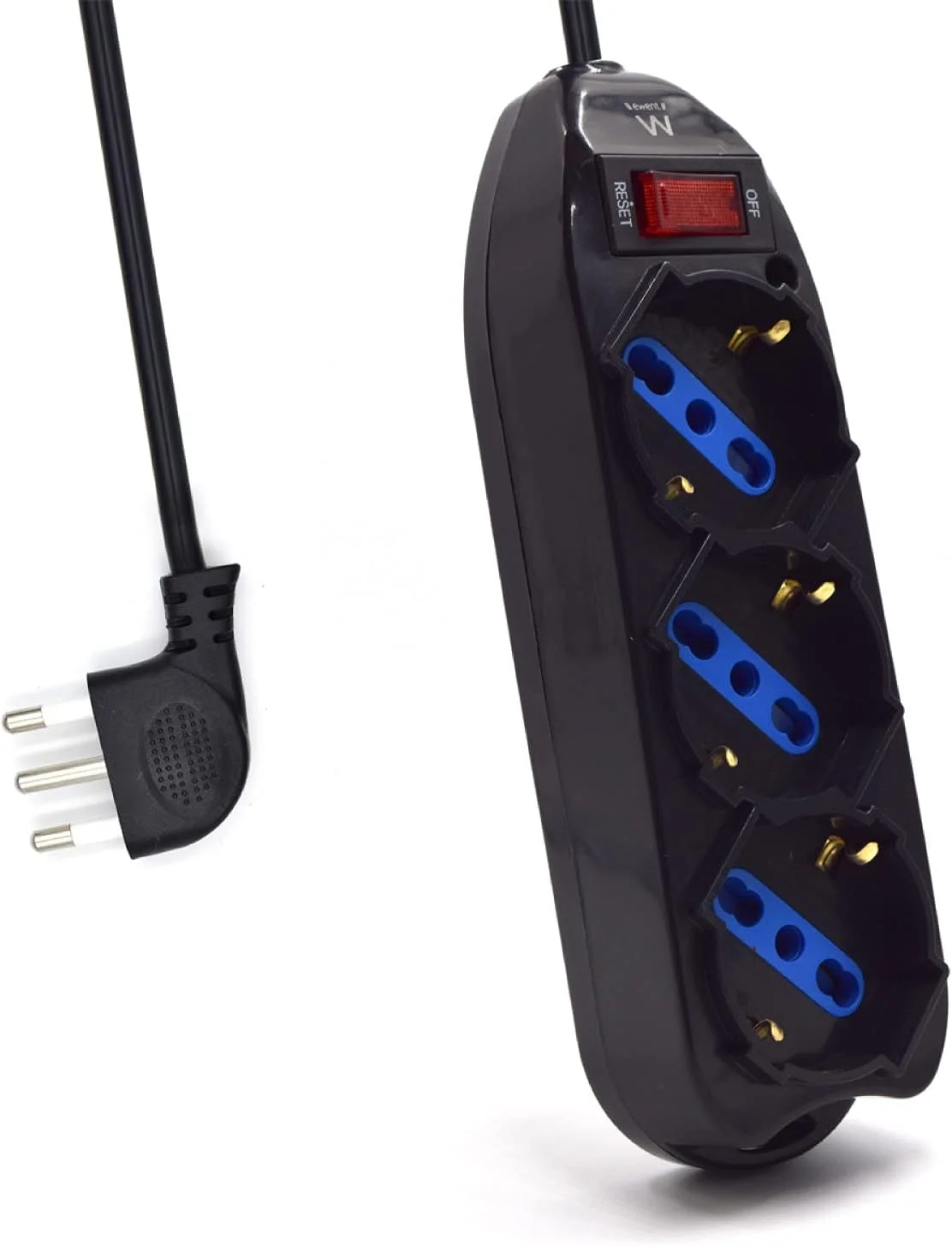 سه راهی برق Ewent با 3 پریز ایتالیایی 10/16 آمپر و شوکو/آلمانی - دوشاخه ایتالیایی 10 آمپر - توان 250 ولت/2500 وات - کابل 1.5 متری، پریزهای زاویه دار 45 درجه