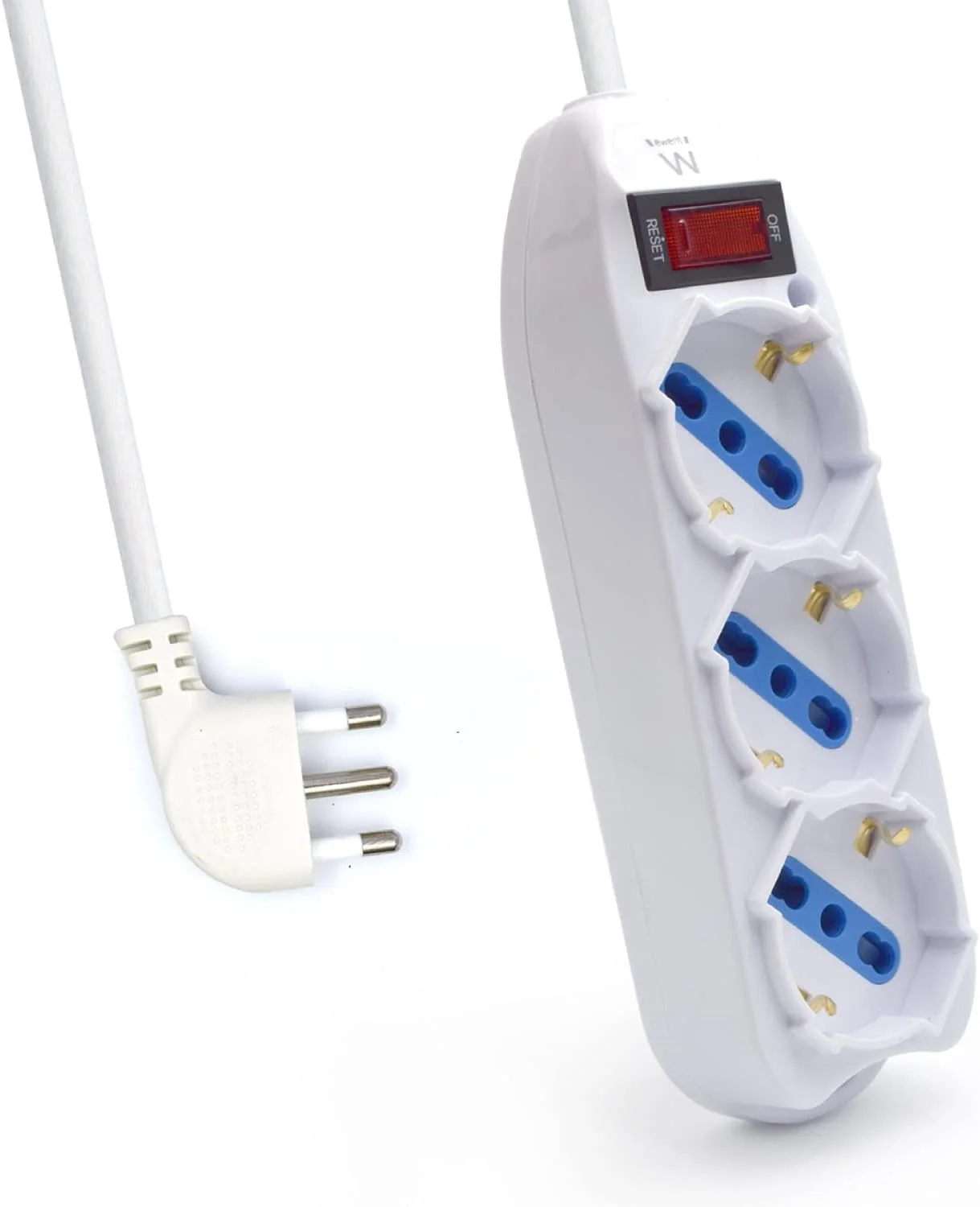 سه راهی برق Ewent با 3 پریز شوکو/آلمانی و ایتالیایی 10A/16A - دوشاخه ایتالیایی 10A - توان 250V/2500W - کابل 1.5 متری، پریزهای زاویه دار 45 درجه