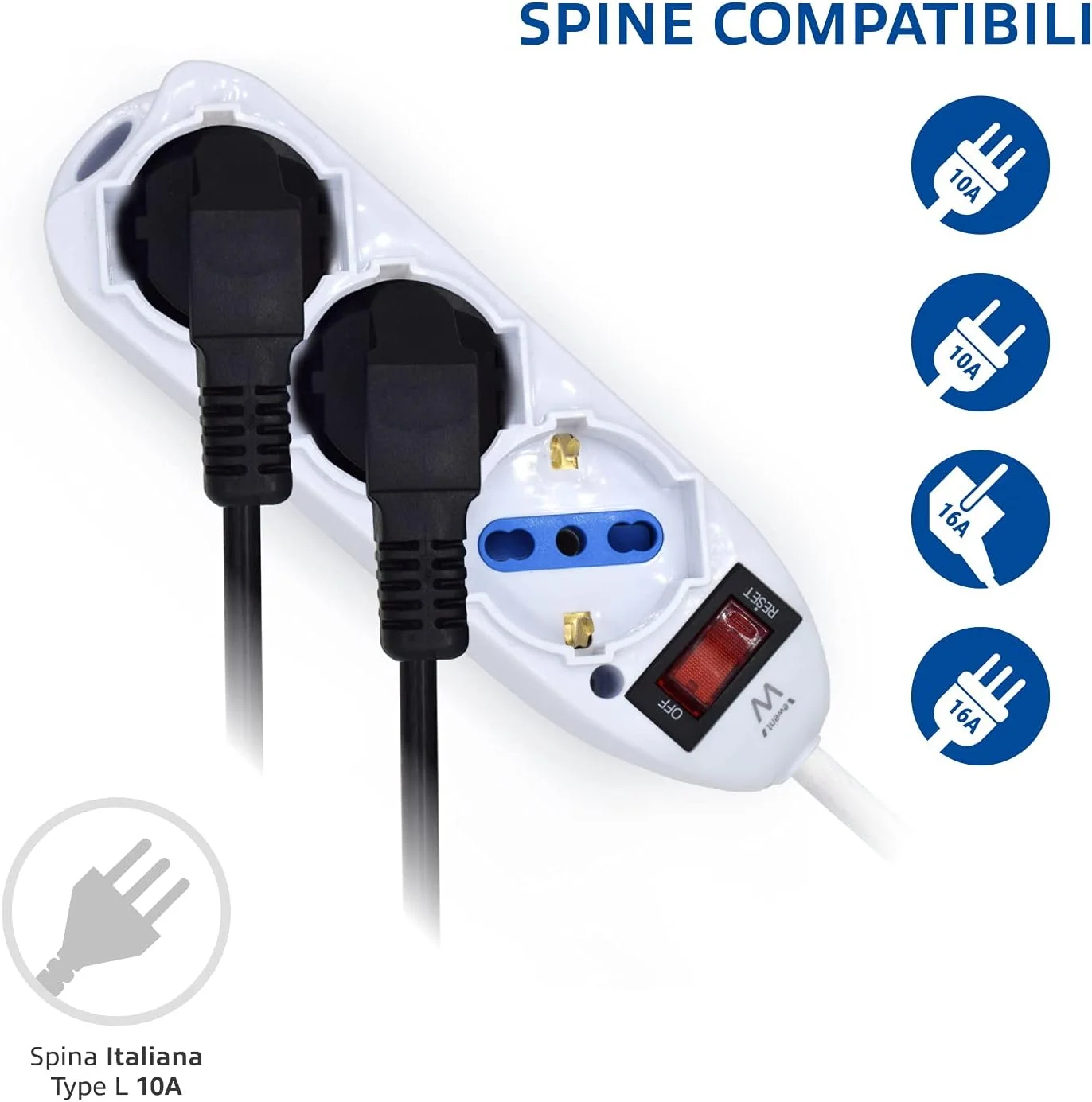 سه راهی برق Ewent با 3 پریز شوکو/آلمانی و ایتالیایی 10A/16A - دوشاخه ایتالیایی 10A - توان 250V/2500W - کابل 1.5 متری، پریزهای زاویه دار 45 درجه