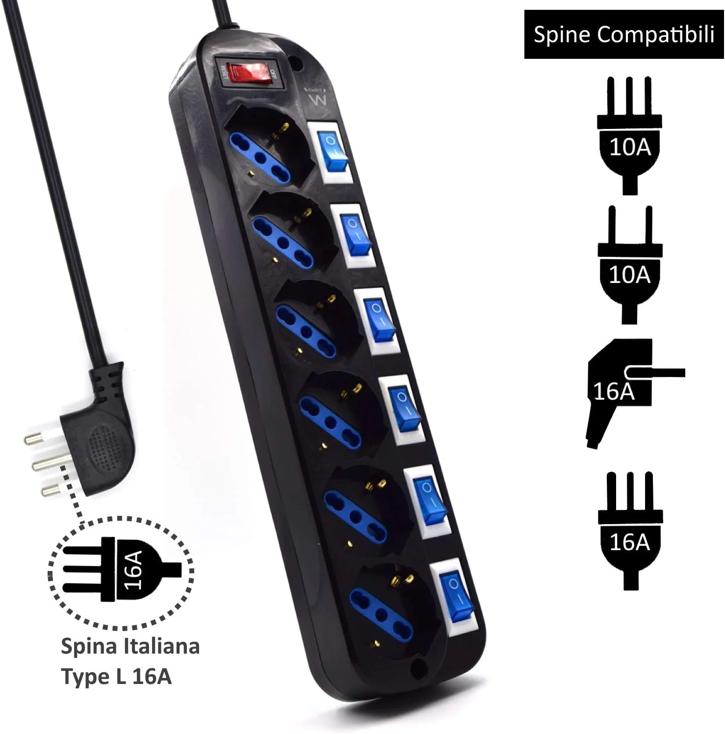 محافظ برق 6 خانه ایونت EW3850 با کلیدهای مستقل برای هر پریز و کلید اصلی، دوشاخه ایتالیایی 16 آمپر، 2500 وات