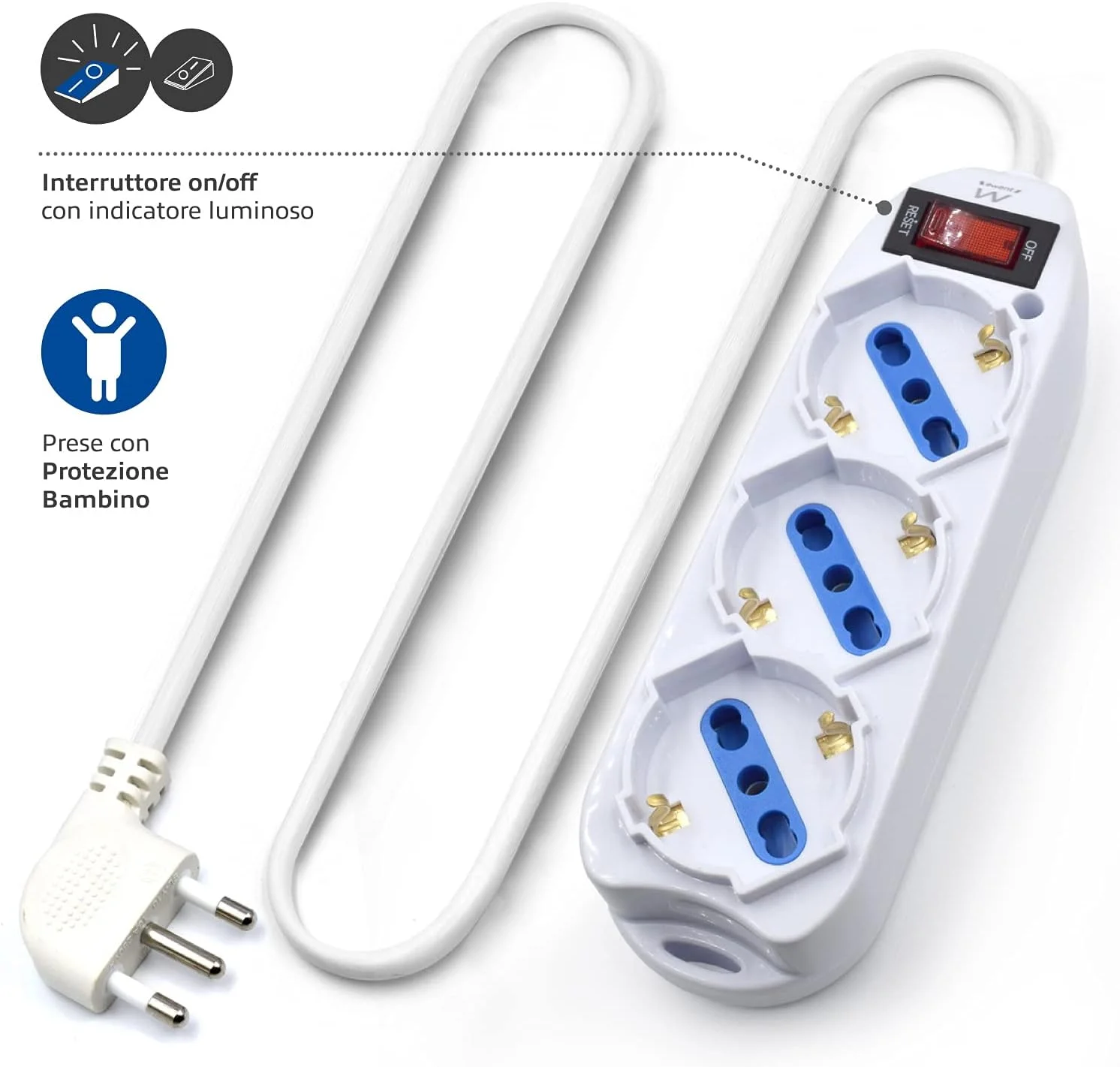 سه راهی برق Ewent با 3 پریز شوکو/آلمانی و ایتالیایی 10A/16A - دوشاخه ایتالیایی 10A - توان 250V/2500W - کابل 1.5 متری، پریزهای زاویه دار 45 درجه