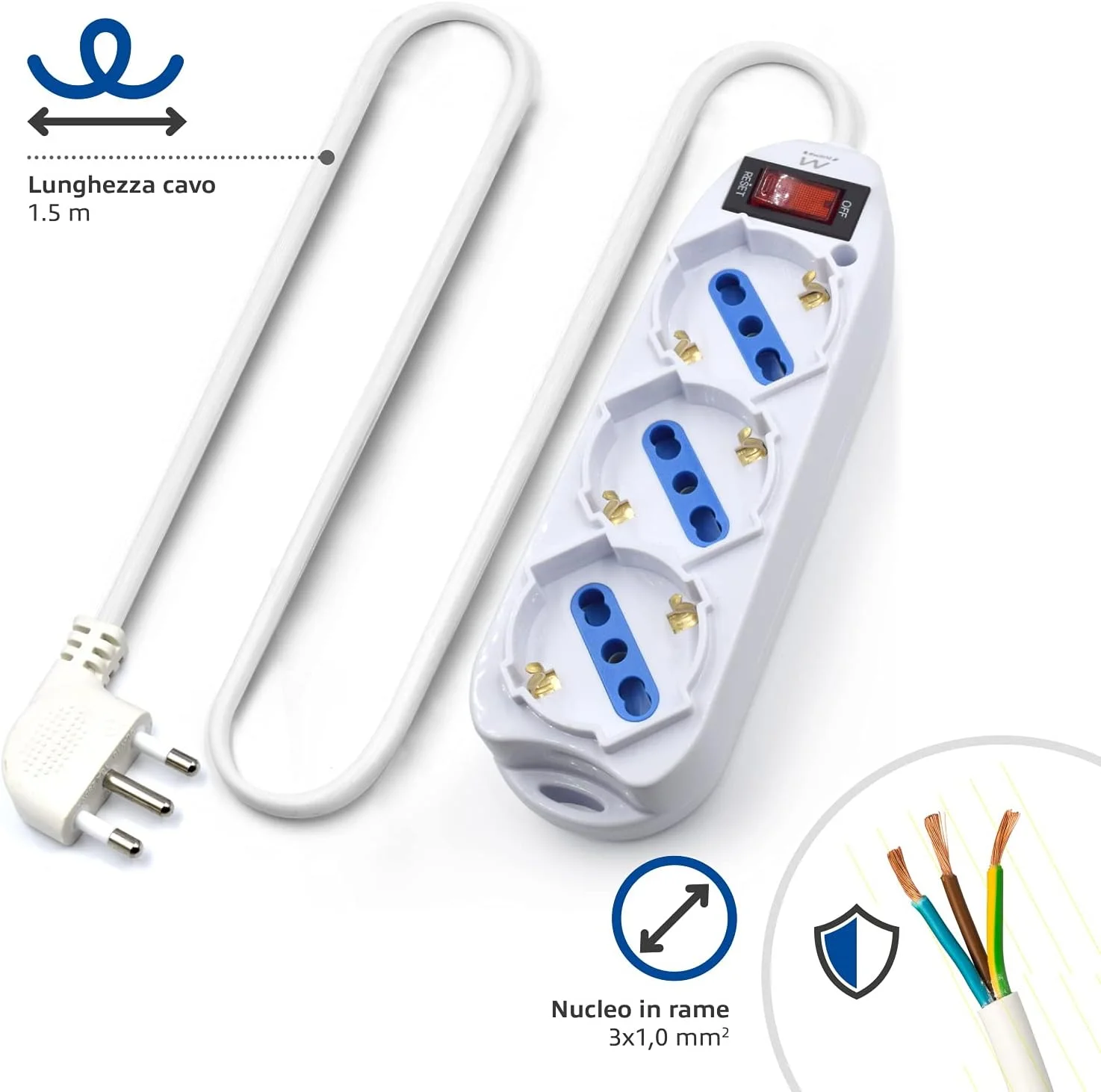 سه راهی برق Ewent با 3 پریز شوکو/آلمانی و ایتالیایی 10A/16A - دوشاخه ایتالیایی 10A - توان 250V/2500W - کابل 1.5 متری، پریزهای زاویه دار 45 درجه