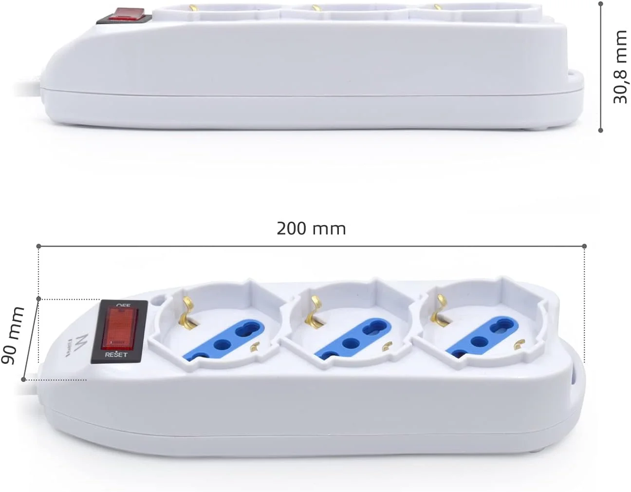 سه راهی برق Ewent با 3 پریز شوکو/آلمانی و ایتالیایی 10A/16A - دوشاخه ایتالیایی 10A - توان 250V/2500W - کابل 1.5 متری، پریزهای زاویه دار 45 درجه