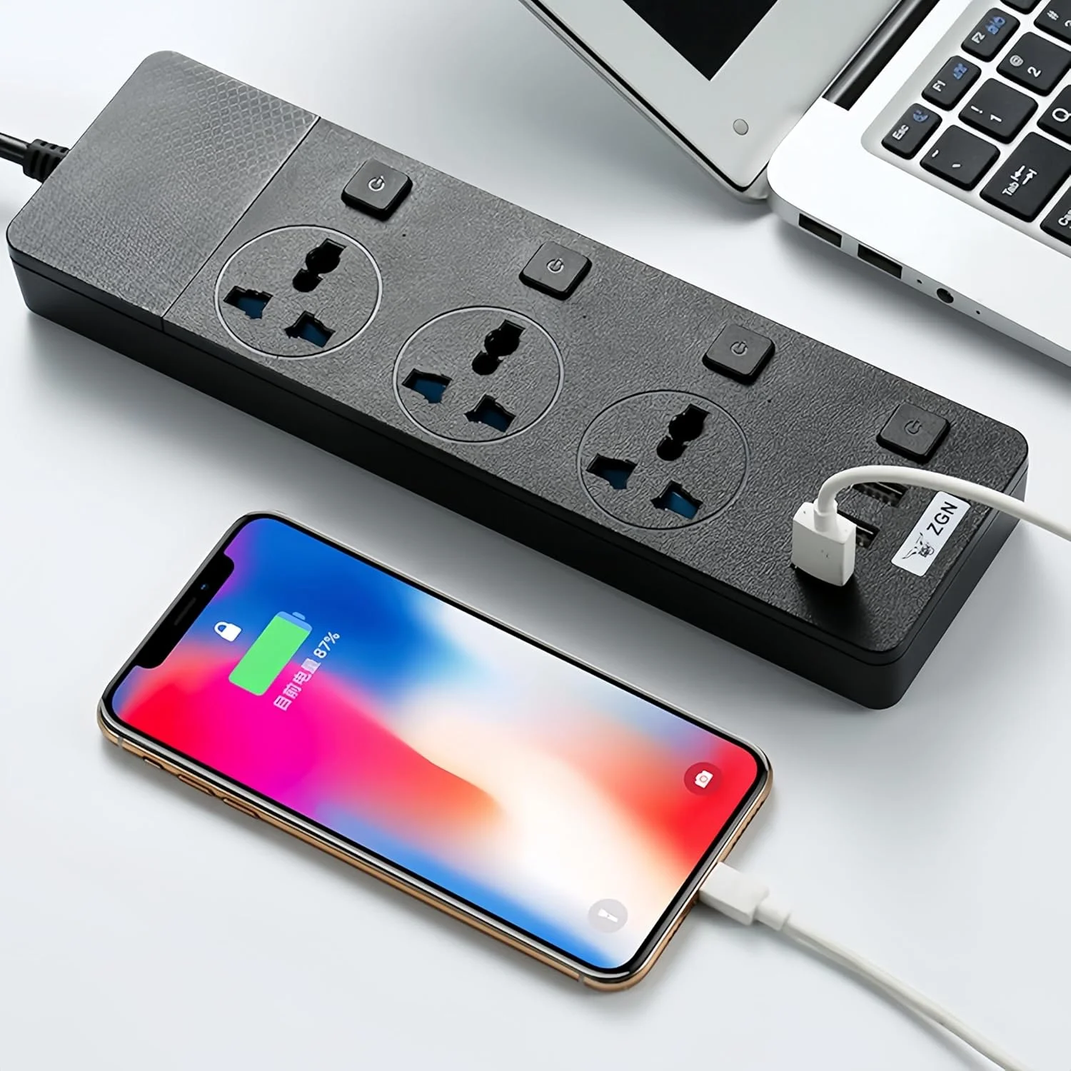 M J MEI JIA محافظ برق، محافظ افزایش جریان برق کامپیوتر ضد حریق با پورت های USB، 3 خروجی، 3 پورت، سوکت شارژ جهانی با سیم удлинительный ضخیم 2 متری (مشکی)