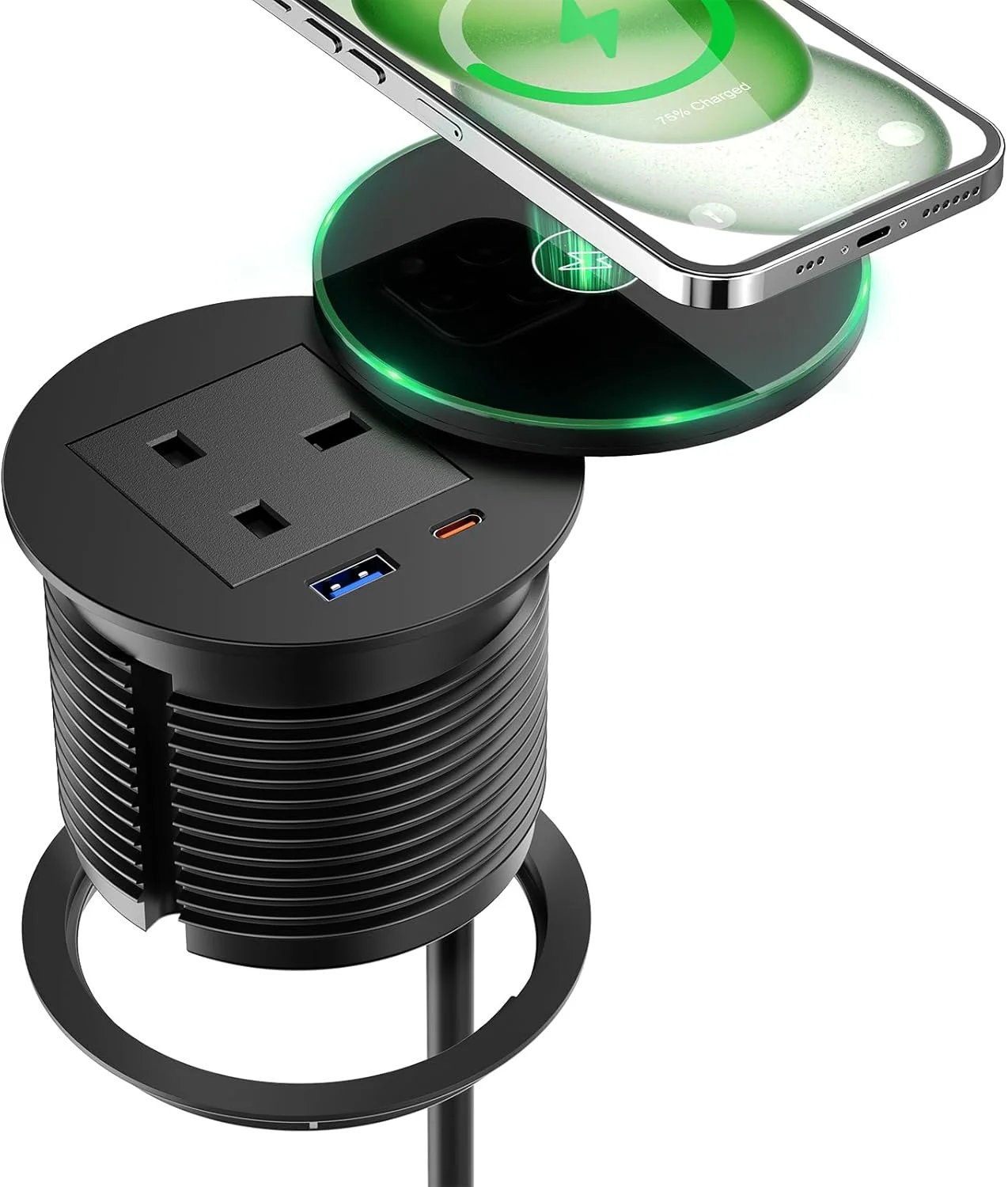 پریز توکار رومیزی با شارژ بی‌سیم، نوار برق توکار با USB-C PD 20W، کابل 2 متری، پریز برق توکار رومیزی برای مبلمان منزل و اداره