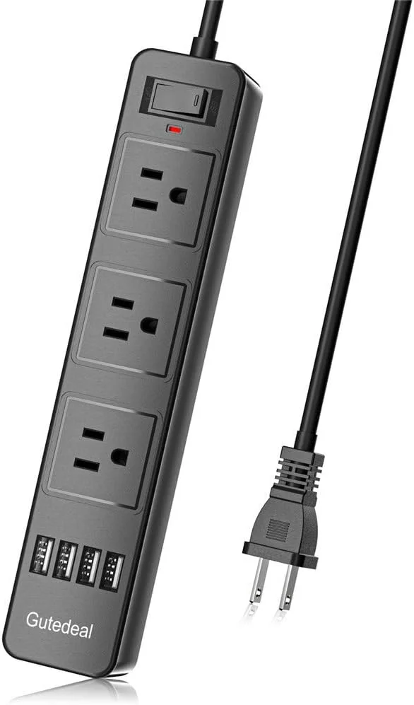محافظ برق سه خروجی Gutedeal با دو شاخه، دارای 4 پورت شارژ USB (خروجی 5 ولت 2.1 آمپر)، سیم удлинительный 2 متری، مشکی