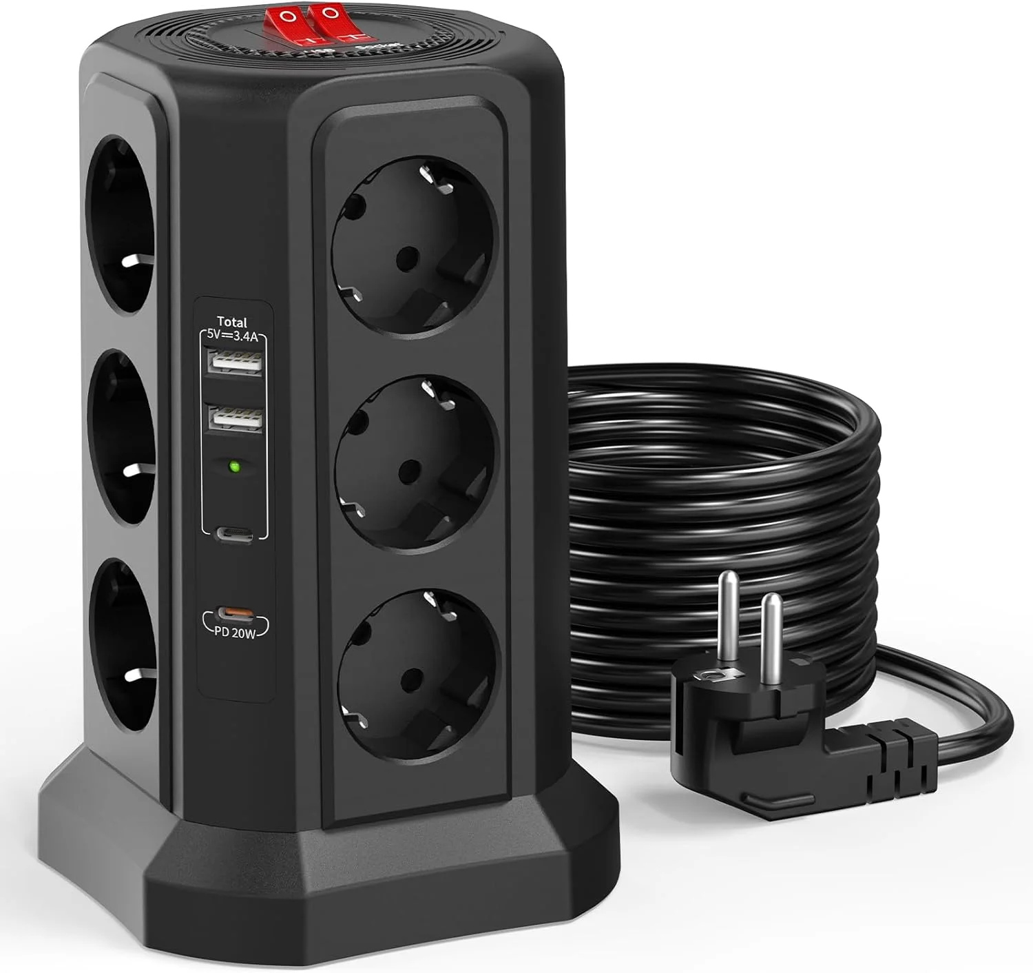 محافظ برق هافینو 12 راهی با 4 پورت USB، توان 4000 وات/16 آمپر، چندراهی برقی با 2 کلید برای دفتر، آشپزخانه، منزل، کابل 2 متری (مشکی)