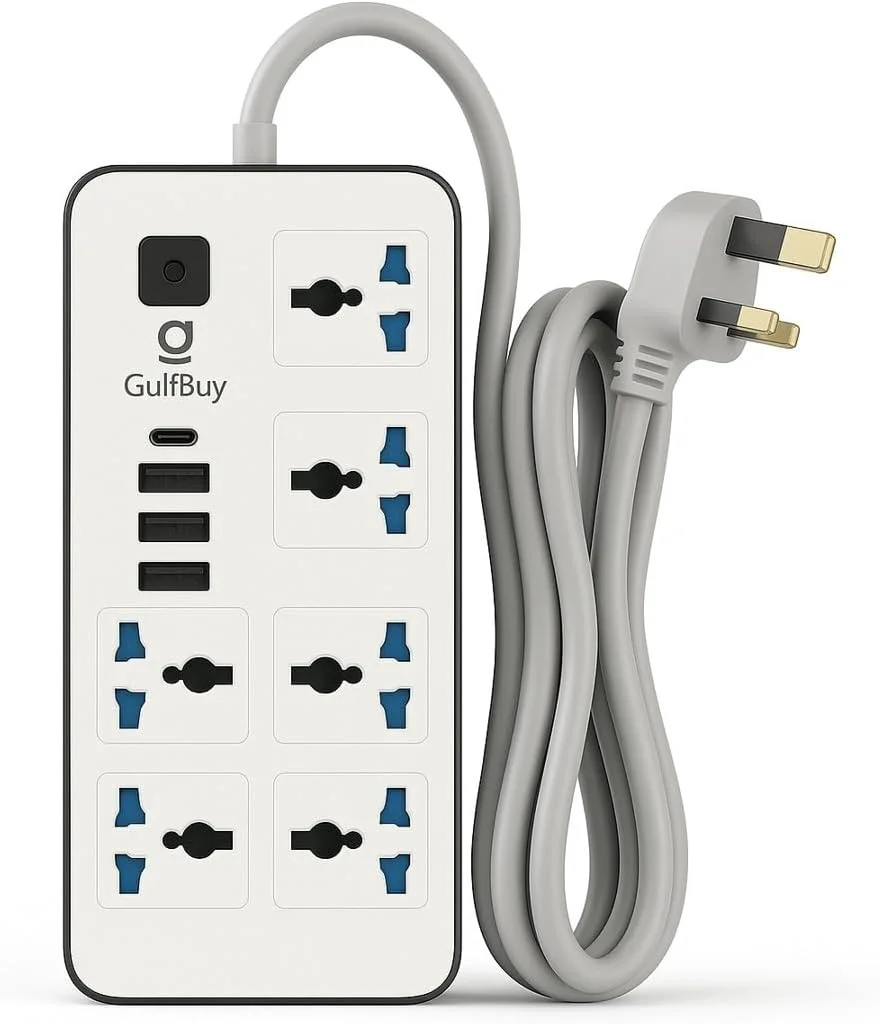 پریز برق 6 خانه GulfBuy با 3 پورت USB + 1 پورت شارژ سریع USB-C – محافظ برق جهانی با سیم بلند، قابلیت نصب روی دیوار، چراغ نشانگر برای خانه، آشپزخانه، دفتر و مسافرت
