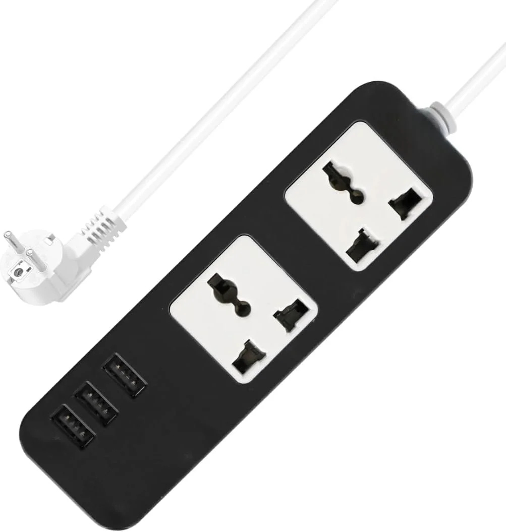 محافظ برق با 2 پریز جهانی و 3 پورت USB، مشکی