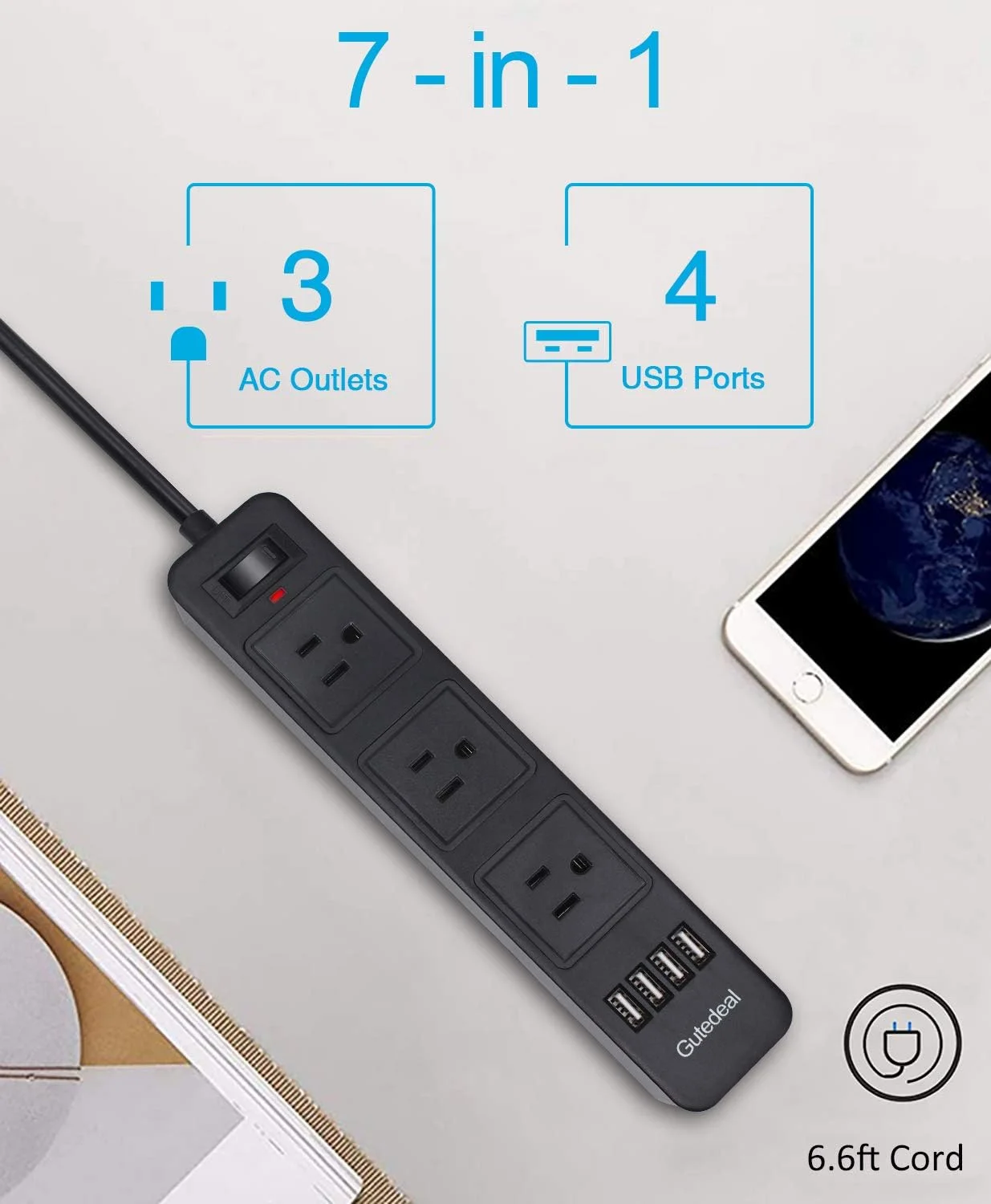محافظ برق سه خروجی Gutedeal با دو شاخه، دارای 4 پورت شارژ USB (خروجی 5 ولت 2.1 آمپر)، سیم удлинительный 2 متری، مشکی